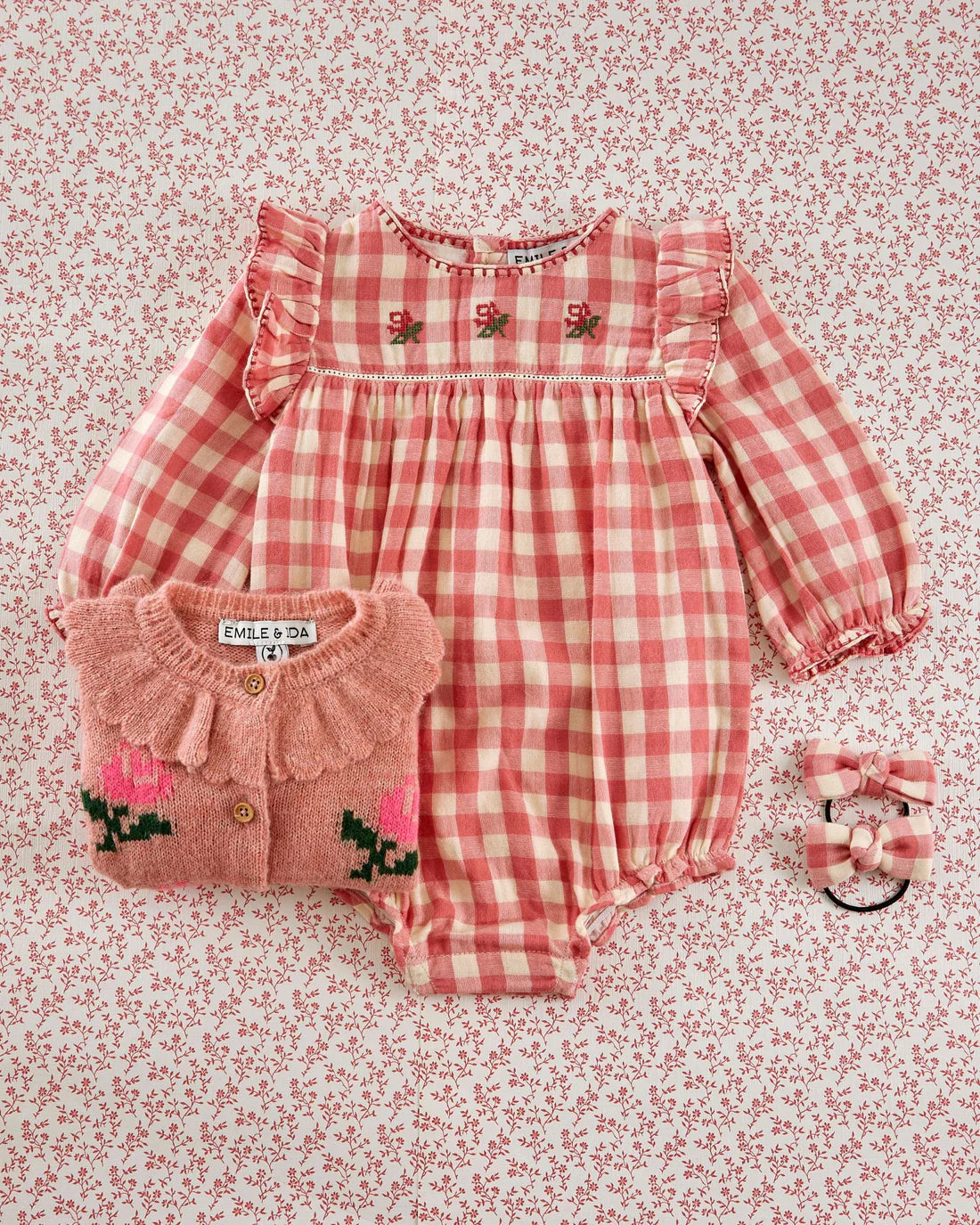 Pink Gingham Embroidered Romper