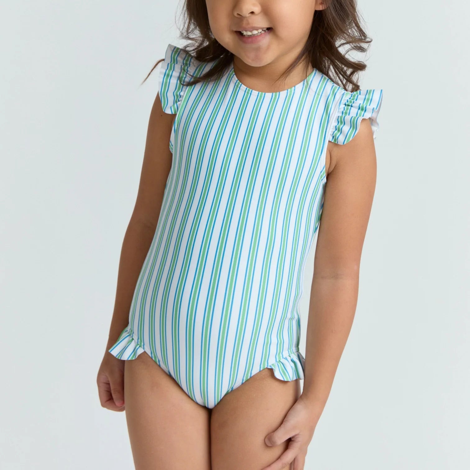 Girls Tamarin Stripe Ruffle Cap Sleeve Rashguard One Piece
