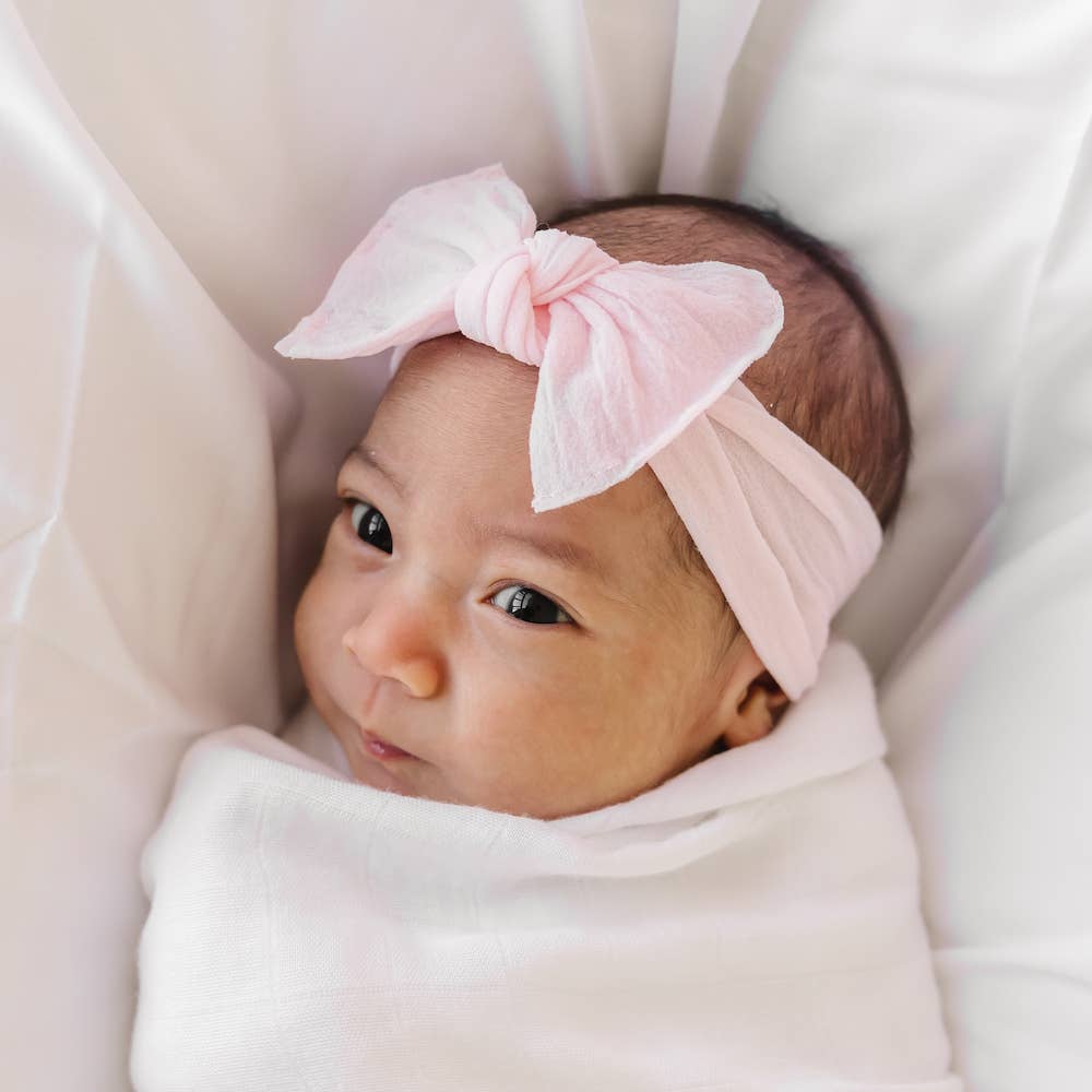 Baby Bling® Itty Bitty Knot Small Soft Nylon Bow Headband: Rose Quartz