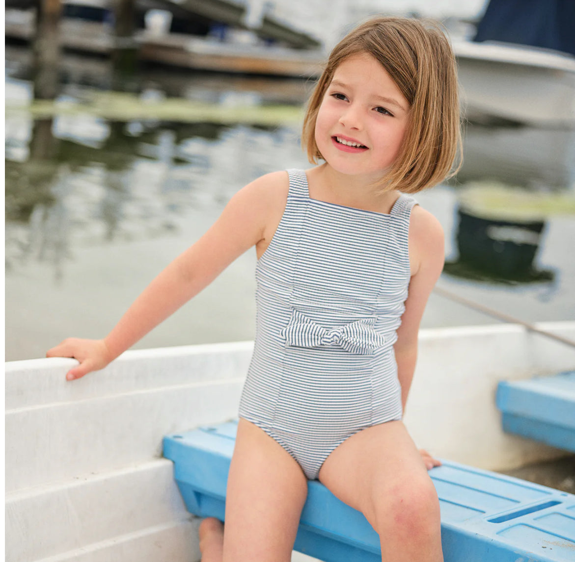 Girls Harbor Stripe Tie Front One Piece