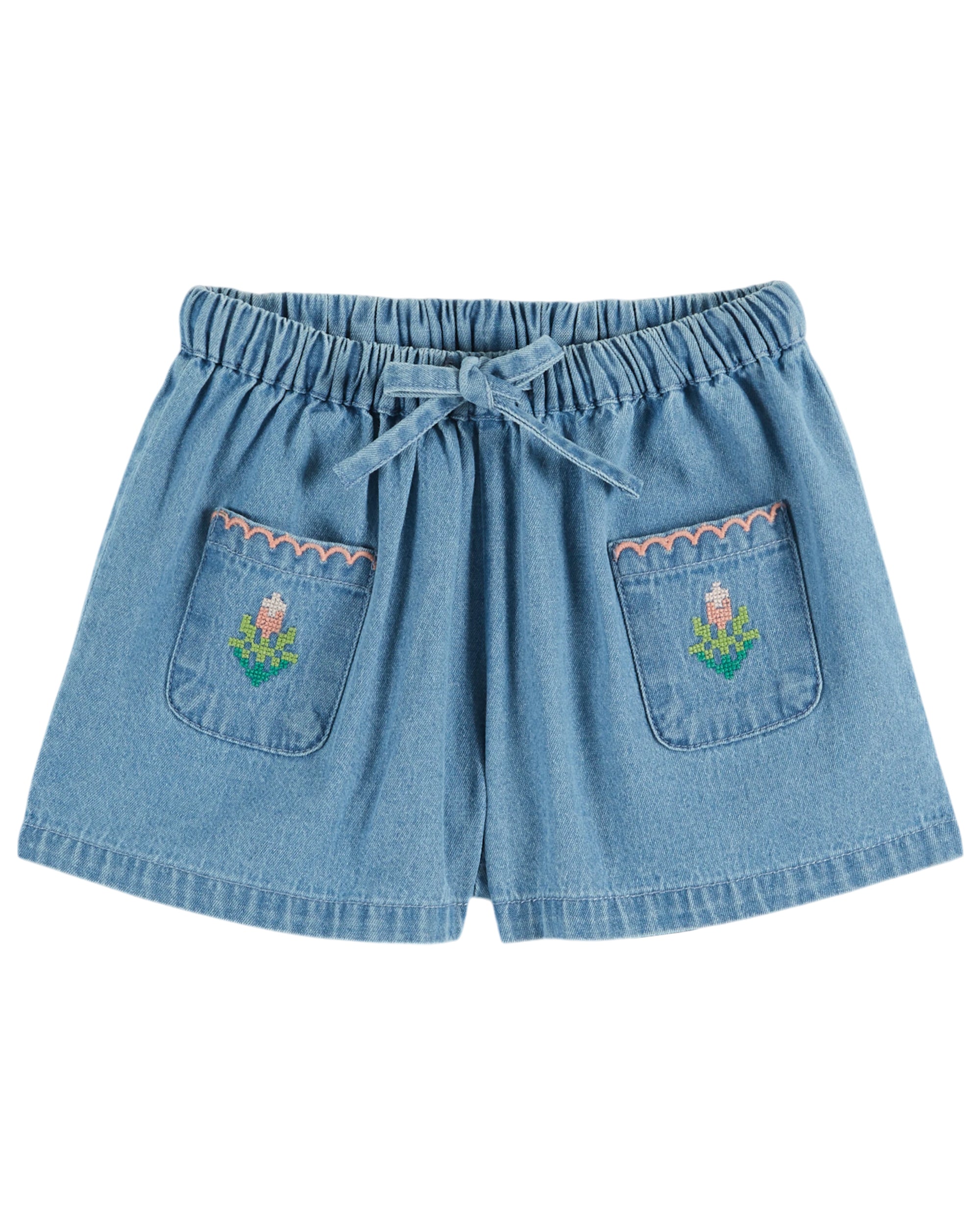 Denim Light Rose Embroidered Shorts - Denim Light