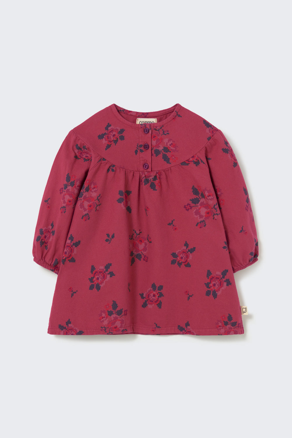 Aroa Cross Stitch Floral Flannel Baby Dress - Prune