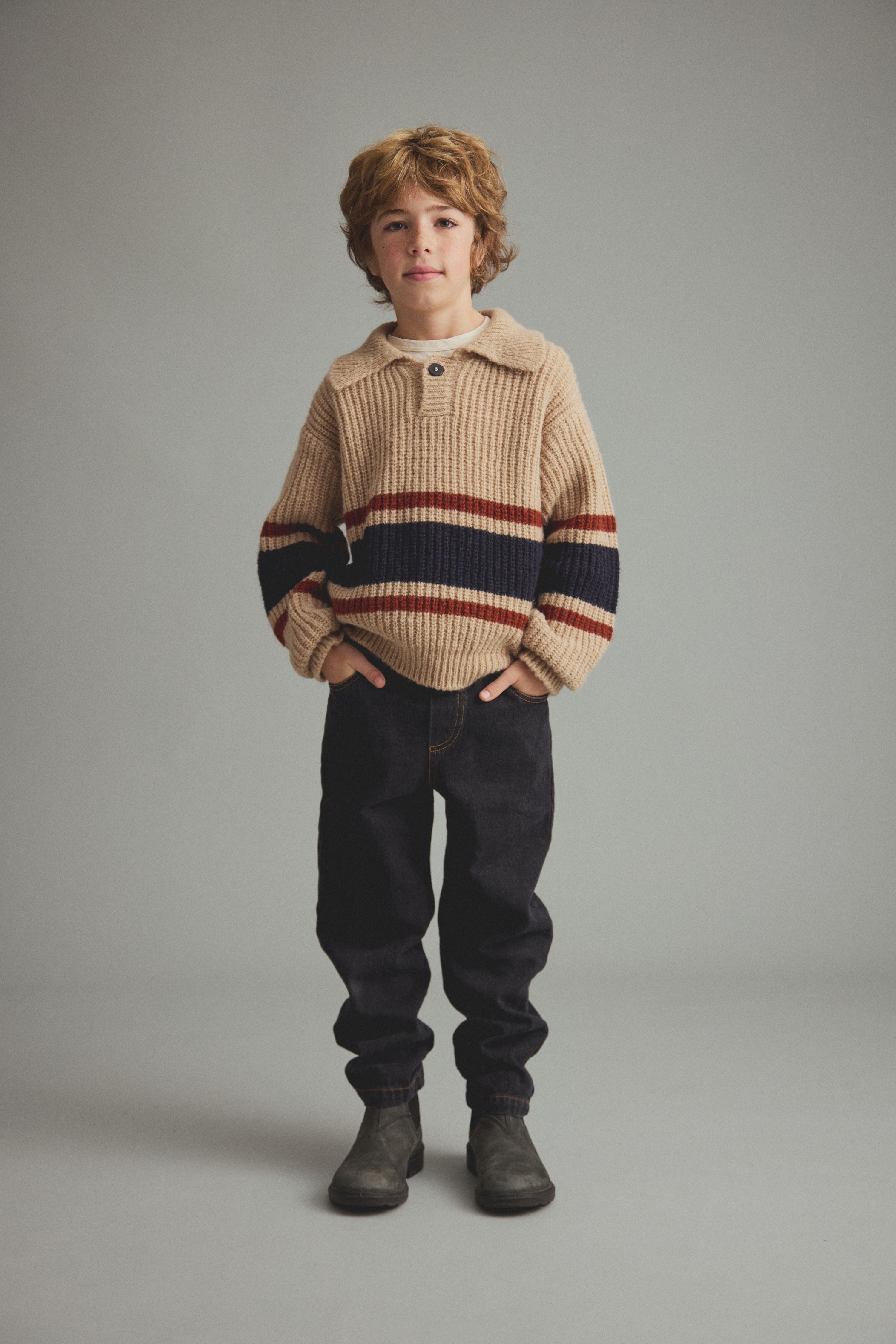 Bari Light Tricot Knit Striped Polo Sweater - Stone