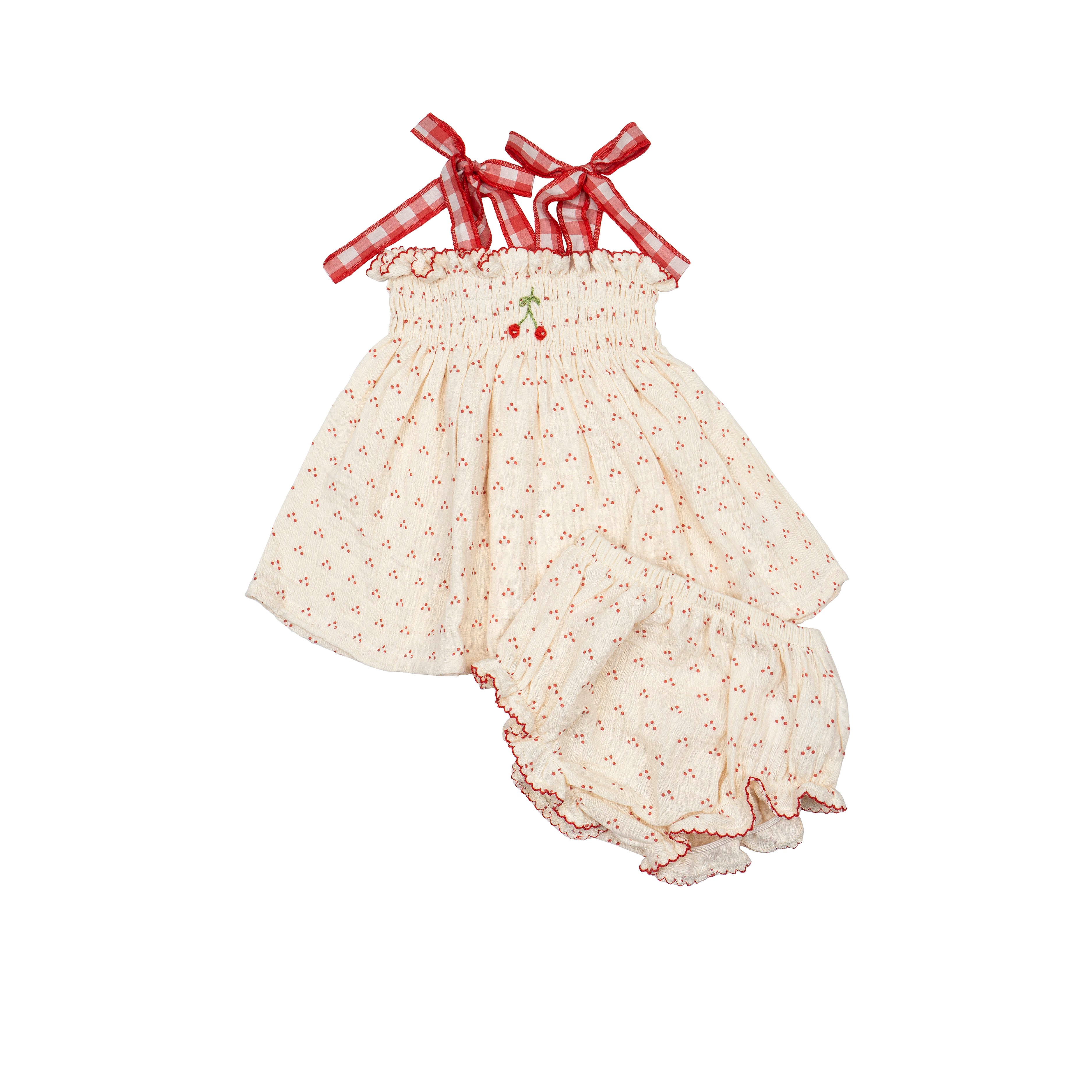 Embroidered Smock Set - Red Dot/Cherry