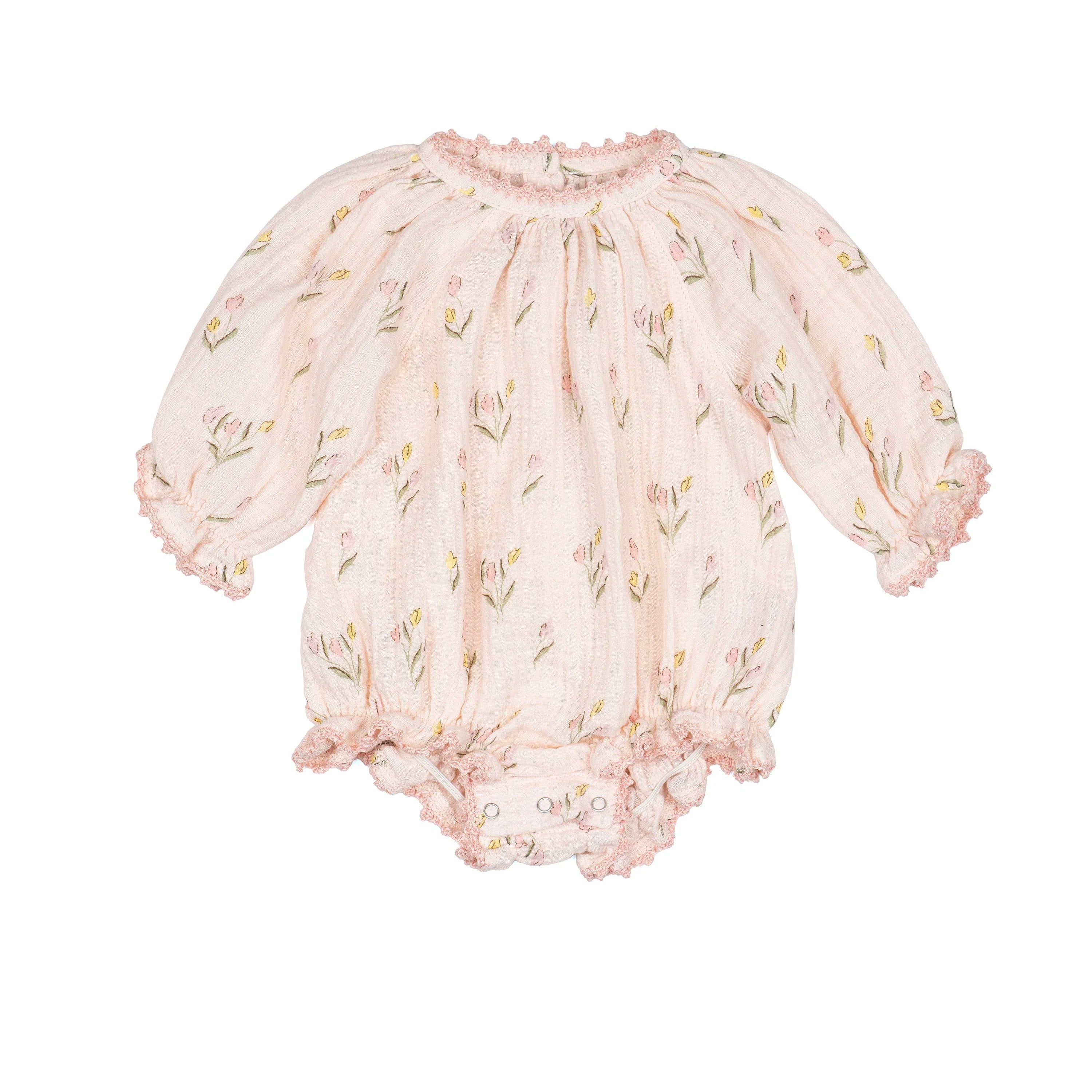 Gauze Romper w/ Crochet Trim - Tulips