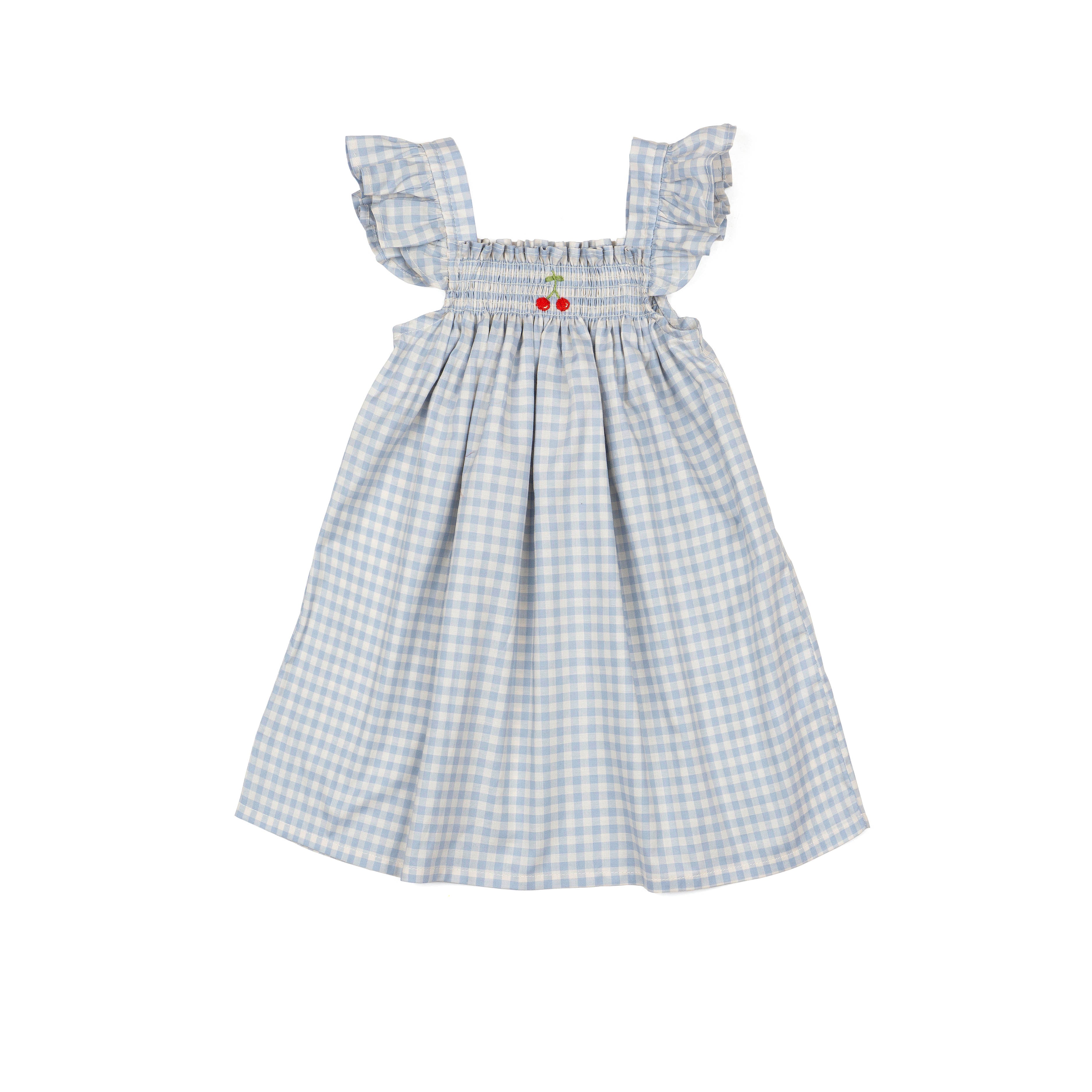 Smock Flutter Dress - Blue Gingham/Cherry
