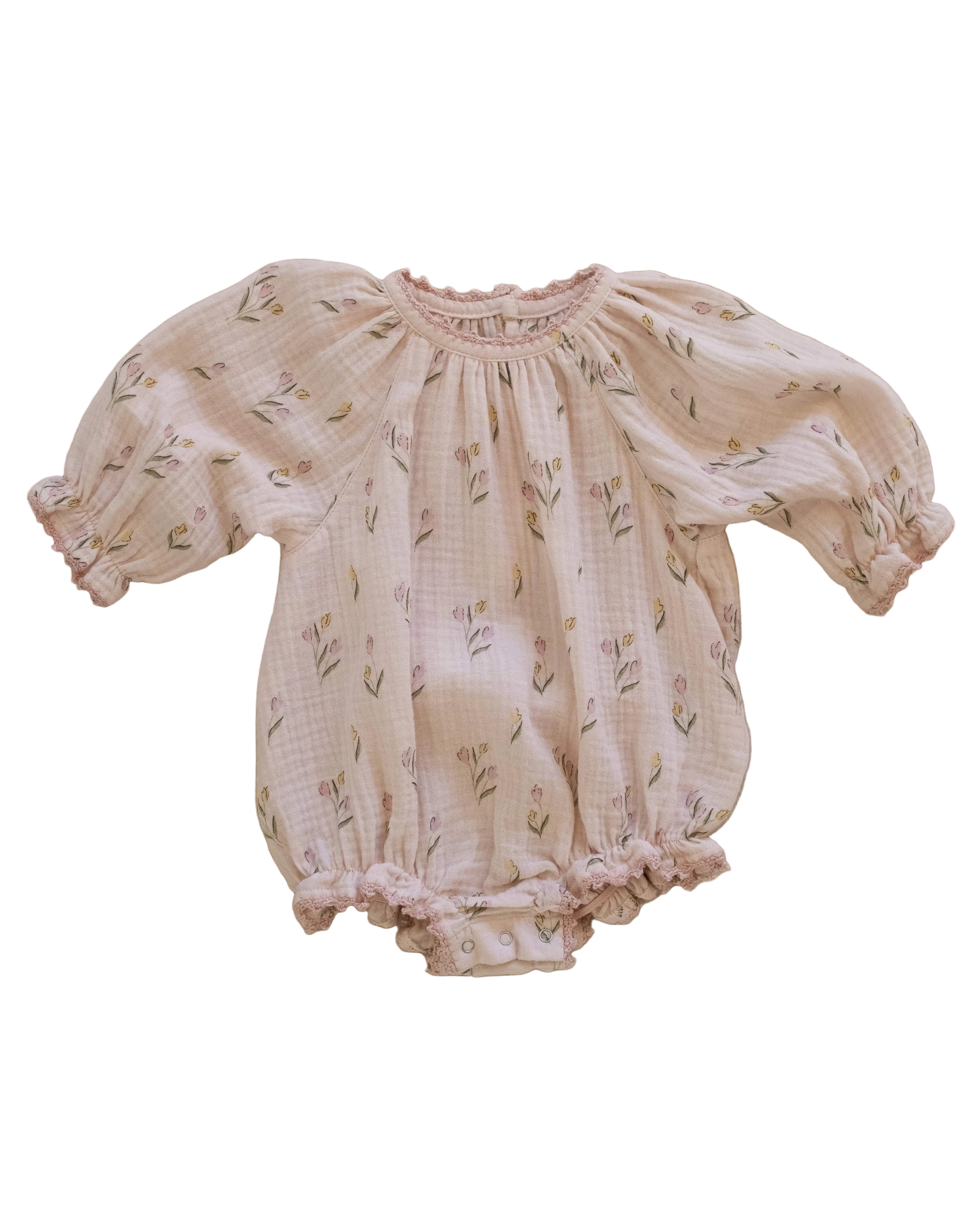 Gauze Romper w/ Crochet Trim - Tulips