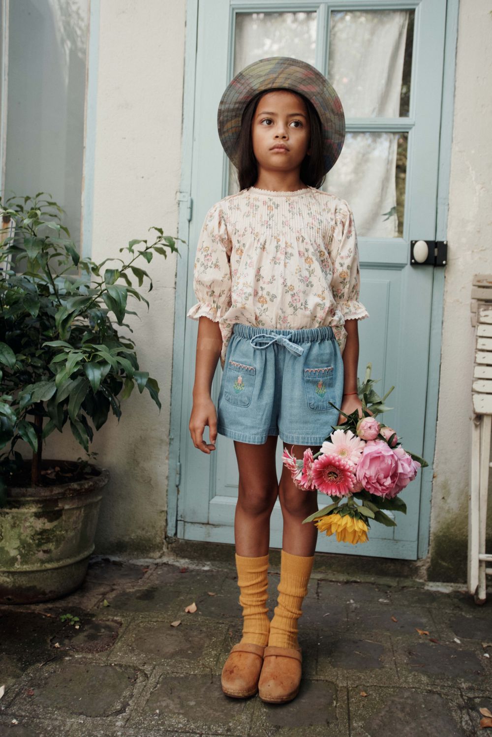 Denim Light Rose Embroidered Shorts - Denim Light