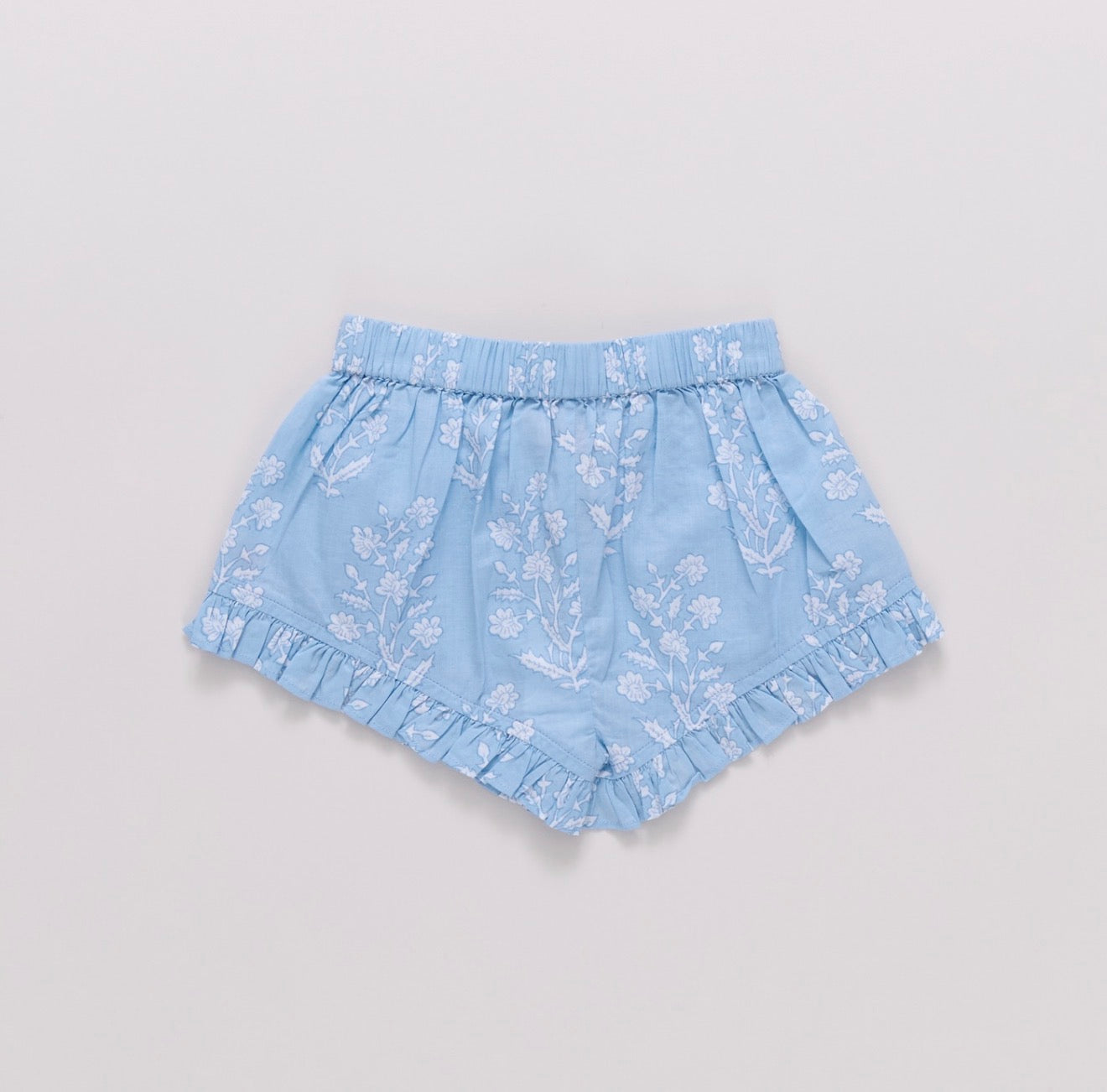 Girls Millie Ruffle Short - Blue Dewdrop Block Print