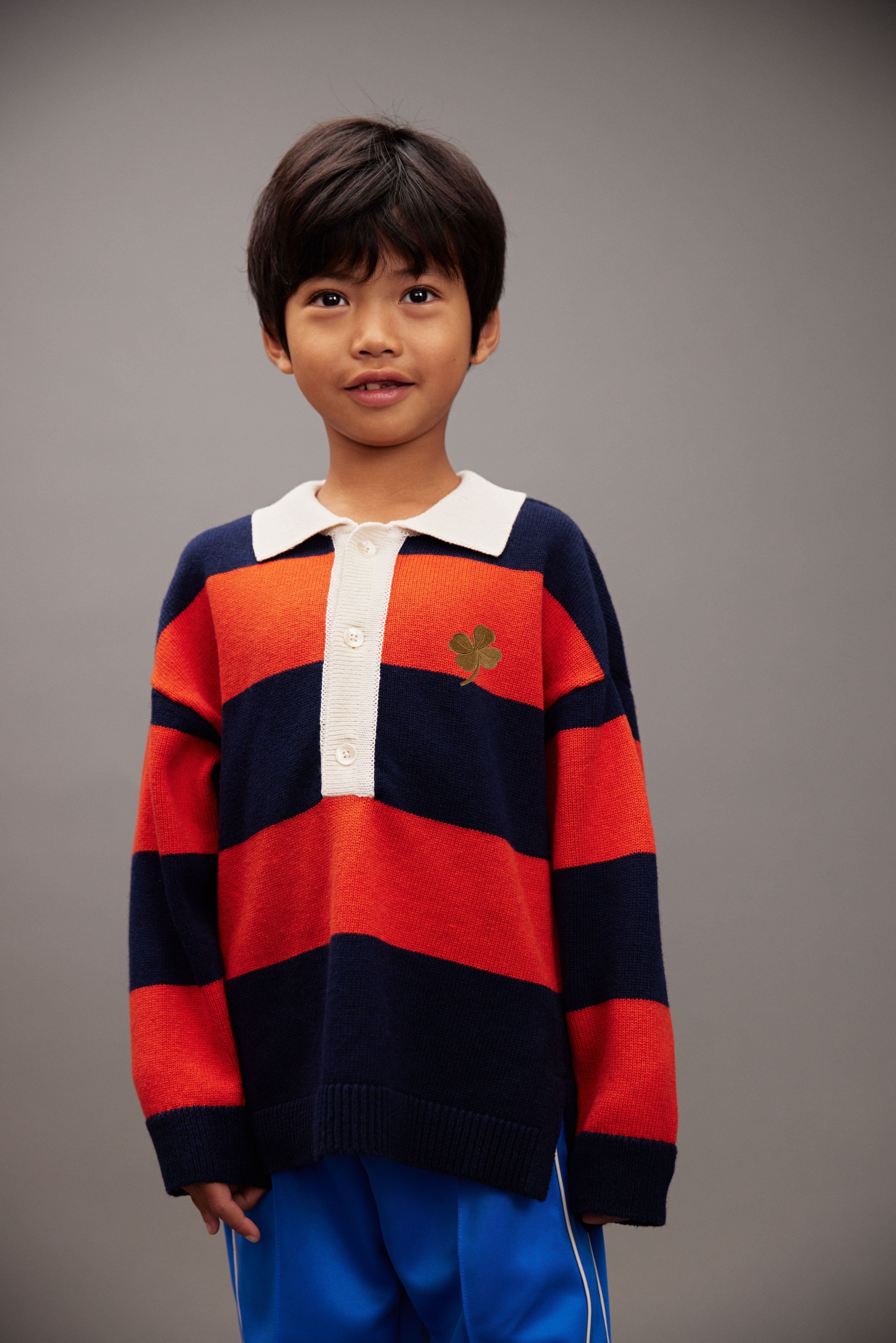 Clover Emb Knitted Rugby Sweater - Red