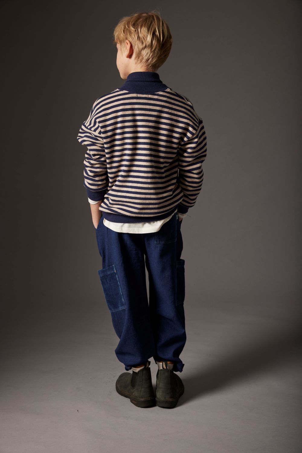 Soft Stripes Knit Collar Sweater - Navy