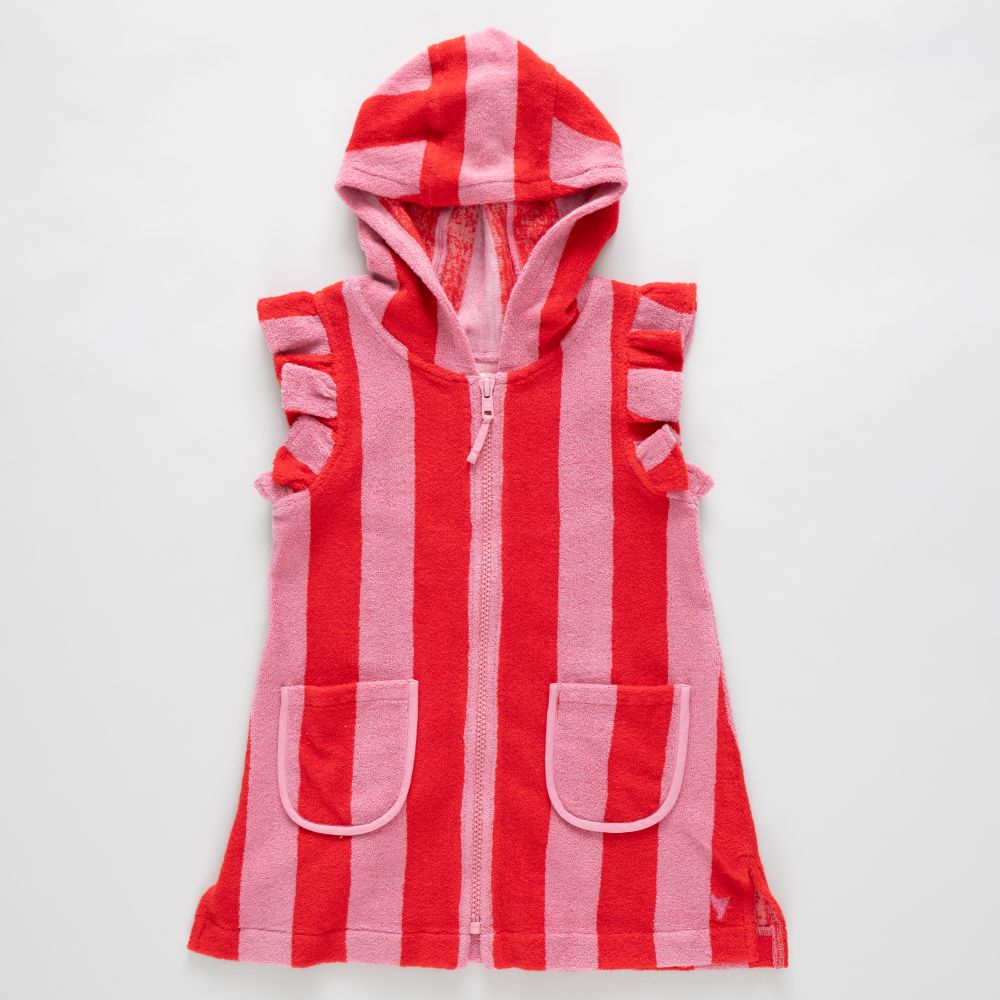 Girls Terry Coverup - Pink Red Stripe