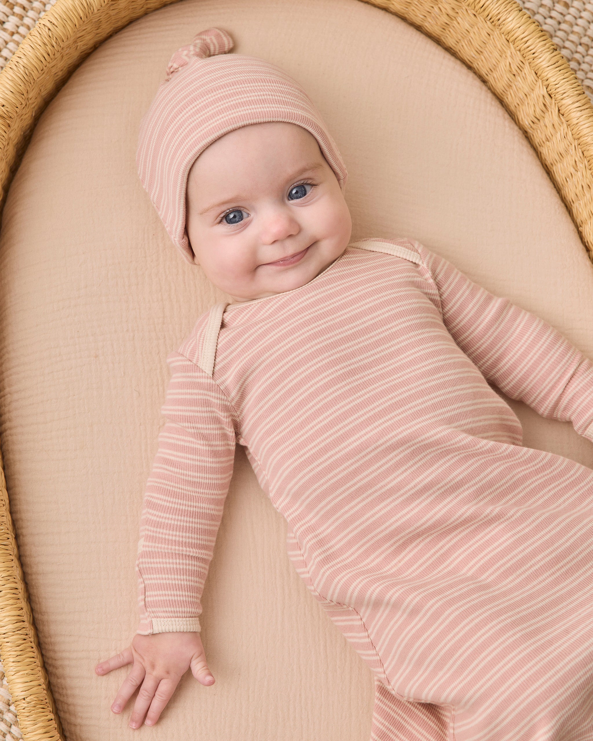Knotted Baby Gown + Hat Set - Dusty Rose Microstripe