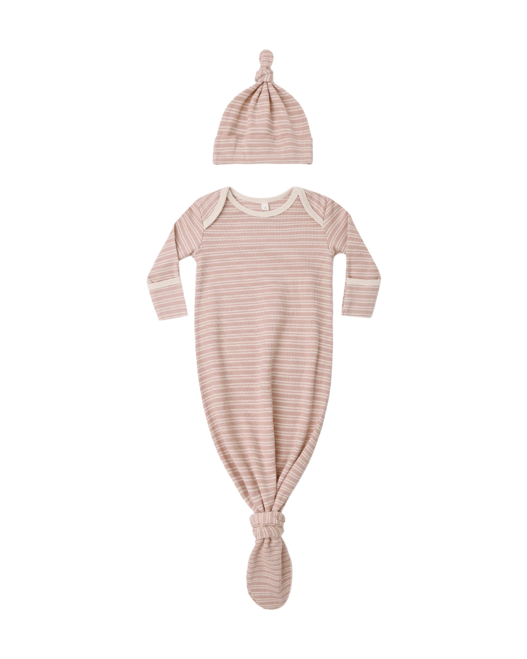 Knotted Baby Gown + Hat Set - Dusty Rose Microstripe