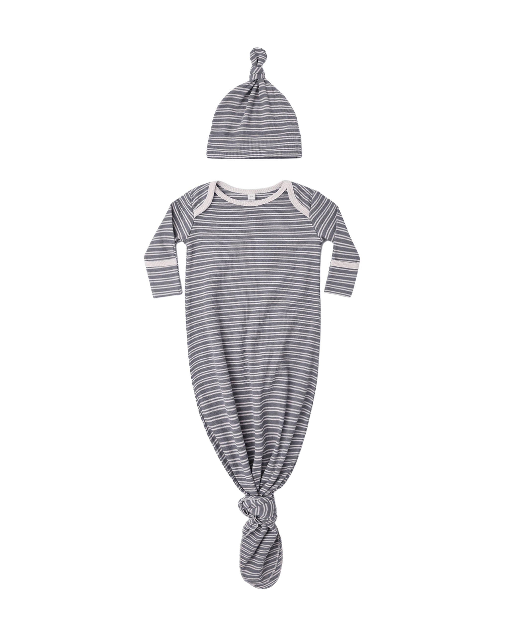 Knotted Baby Gown + Hat Set - Slate Microstripe