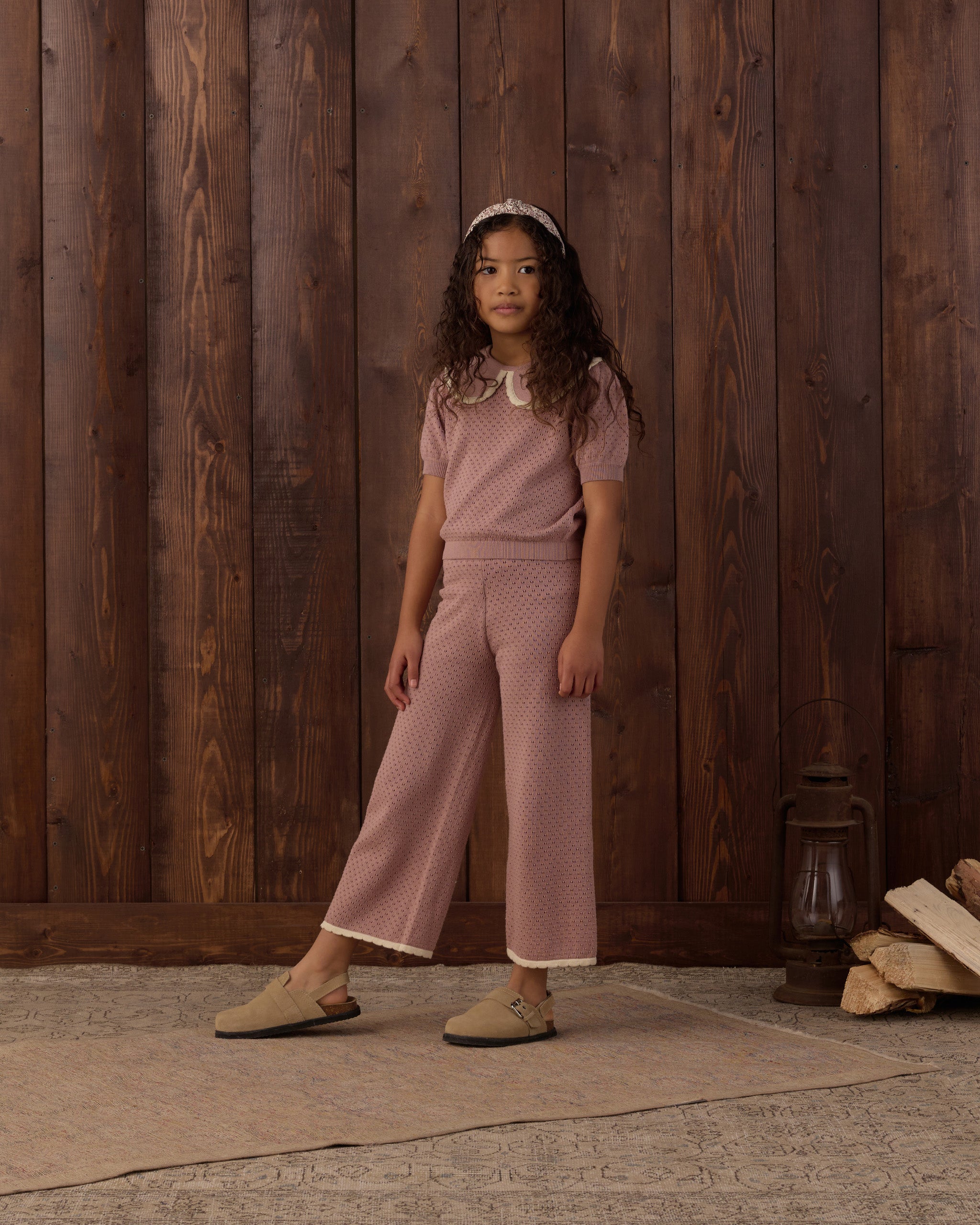 Pointelle Collared Top and Pant- Rosewood