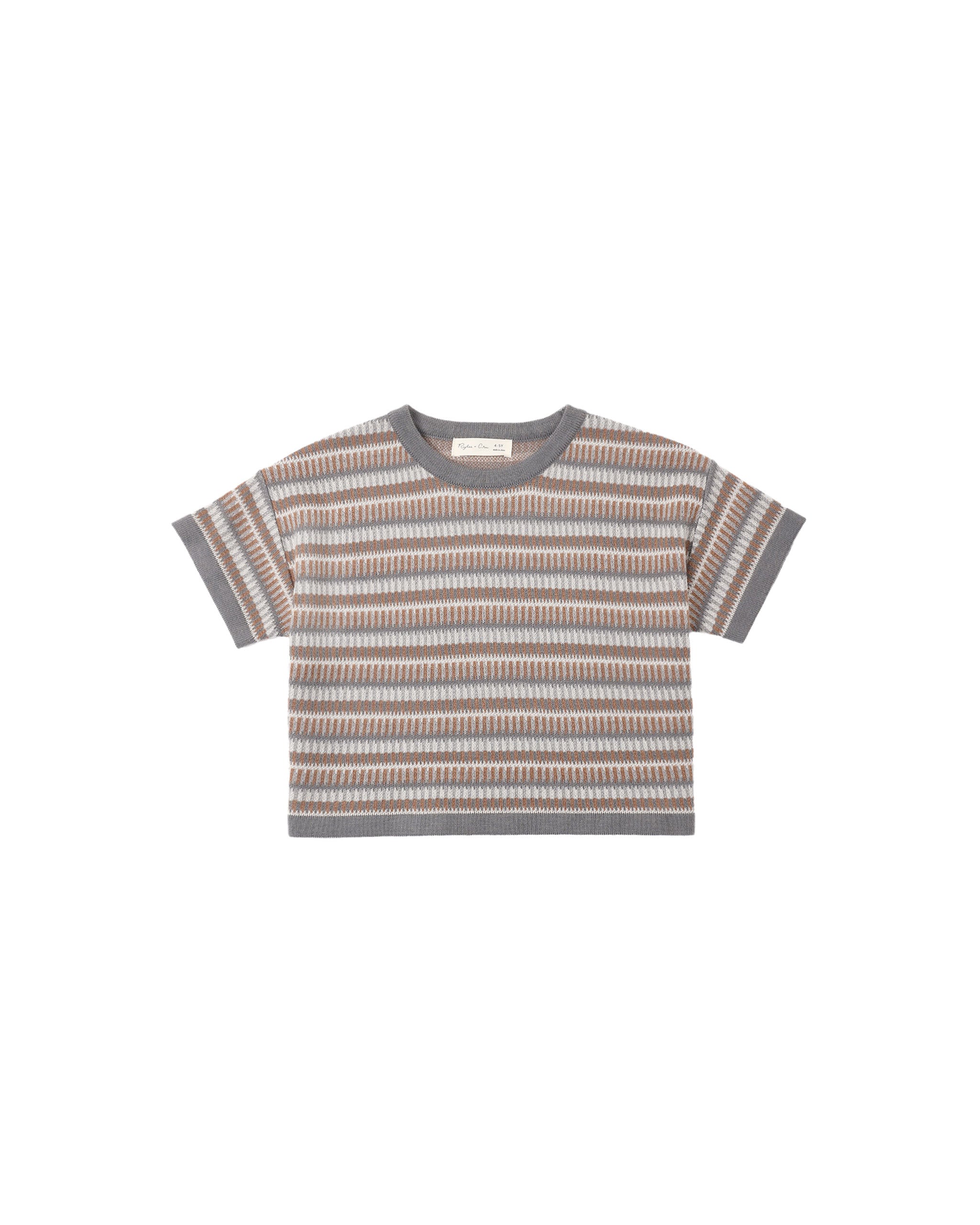 Boxy Crop Knit Tee - Multi Stripe Dusty Blue