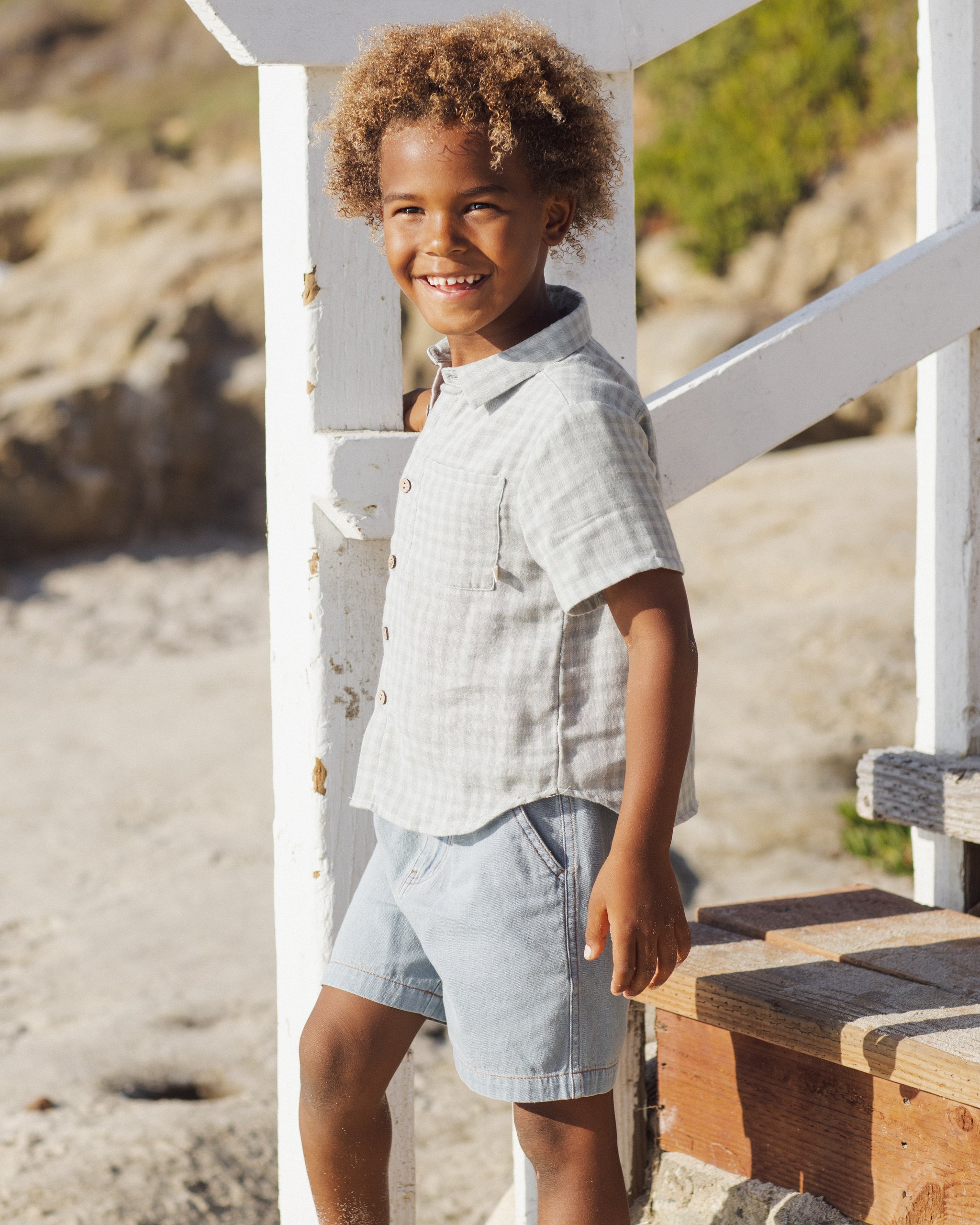 Collared Short Sleeve Shirt || Green Gingham