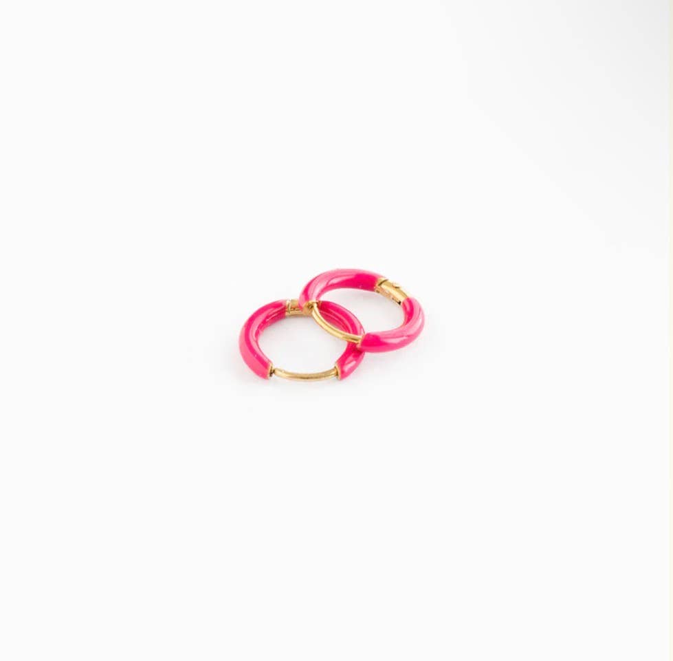 Enamel Hoop Earrings - Neon Pink