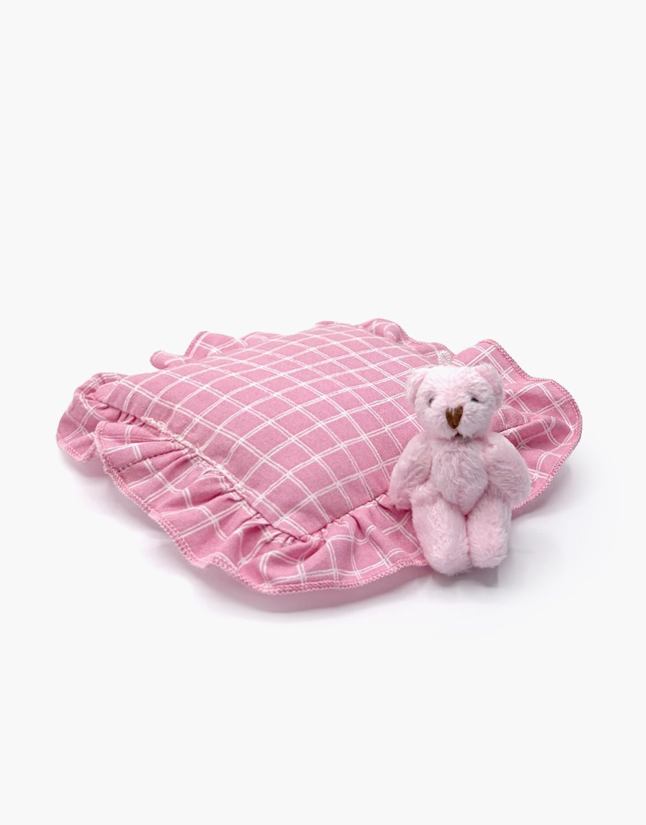 Mini Panchas Sleep Accessory Set With Pink/White Checkered Ruffled Pillow