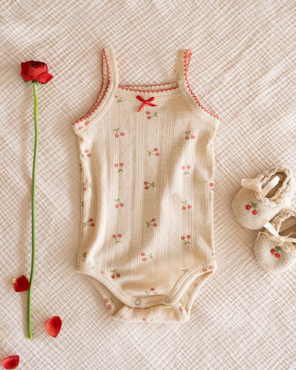 Pointelle Strap Onesie - Cherries