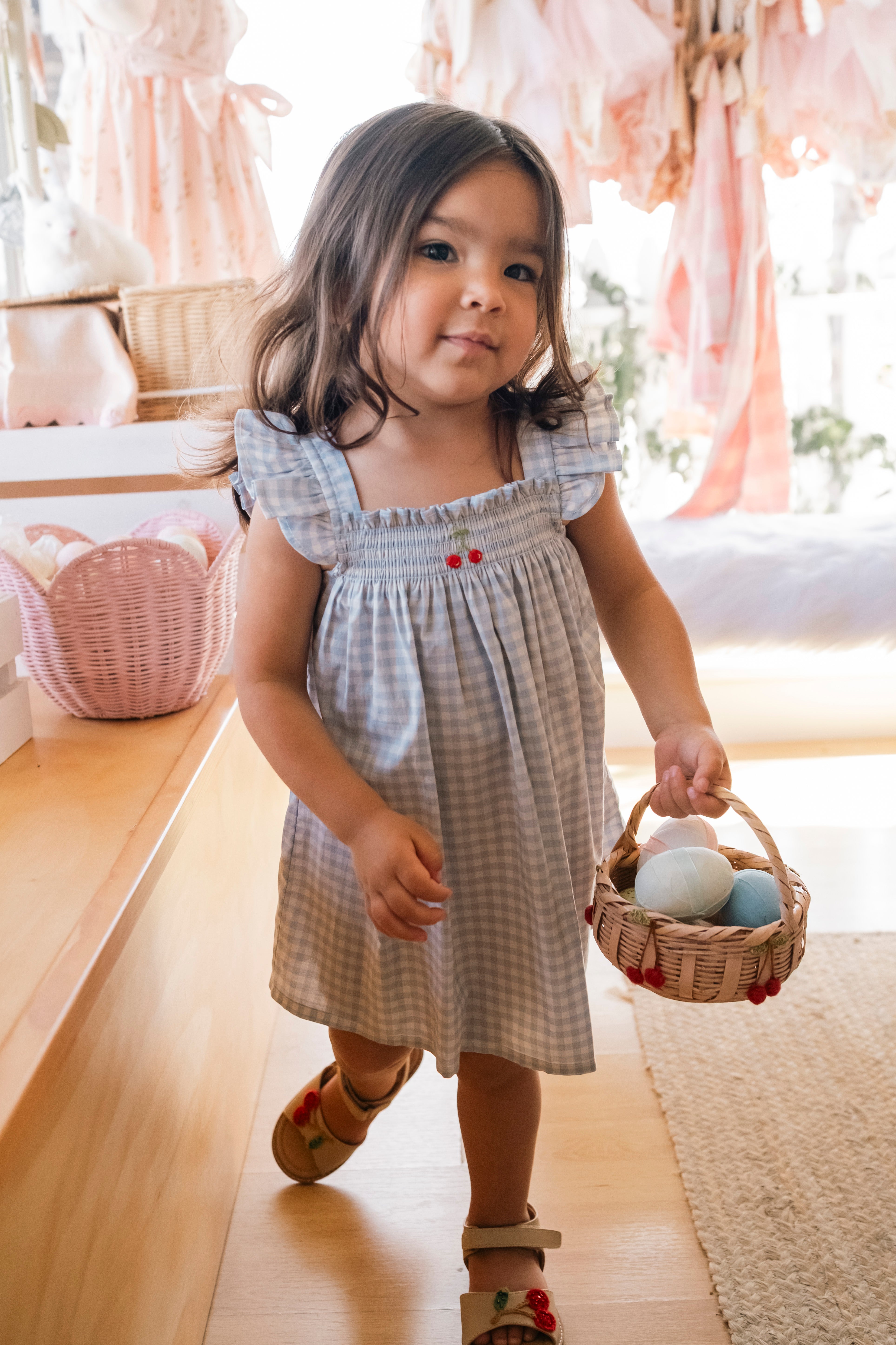 Smock Flutter Dress - Blue Gingham/Cherry