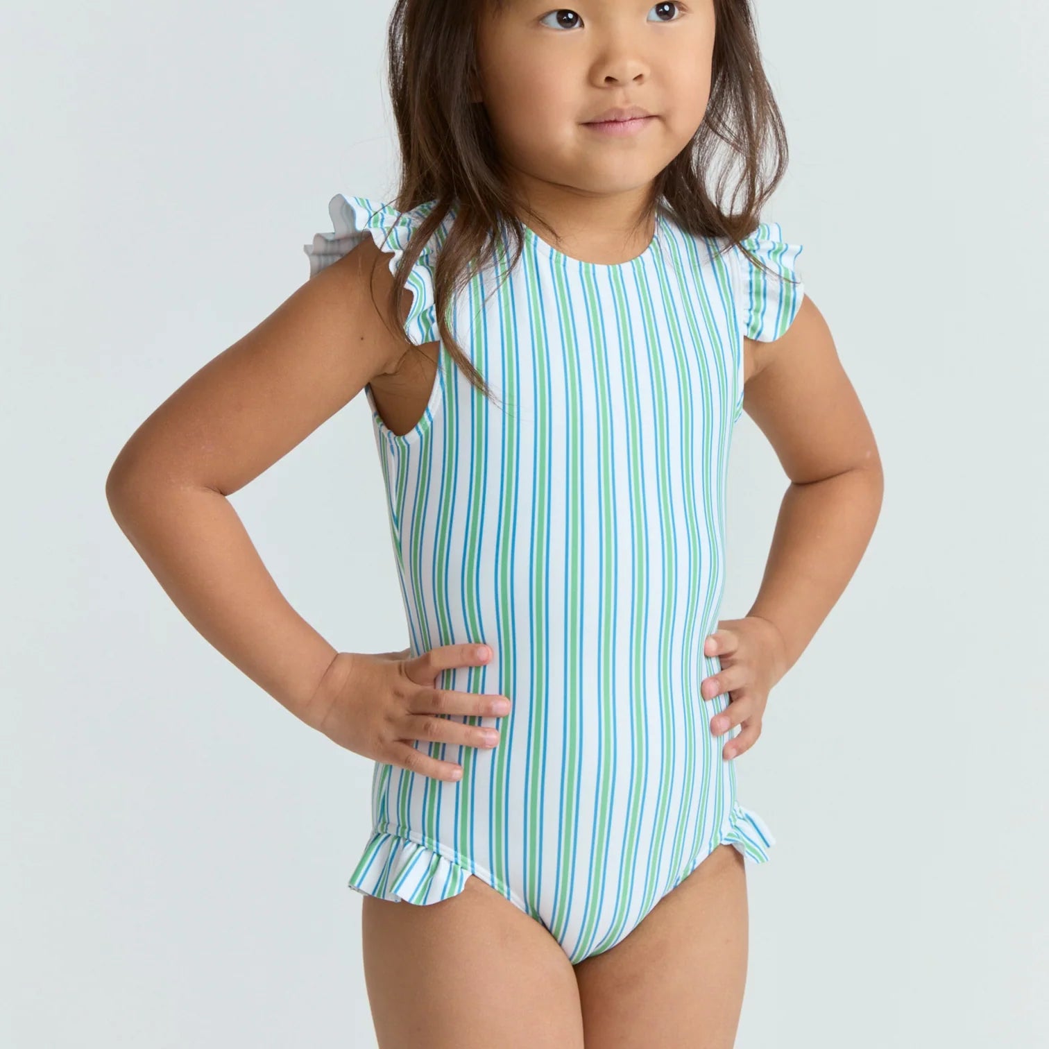 Girls Tamarin Stripe Ruffle Cap Sleeve Rashguard One Piece