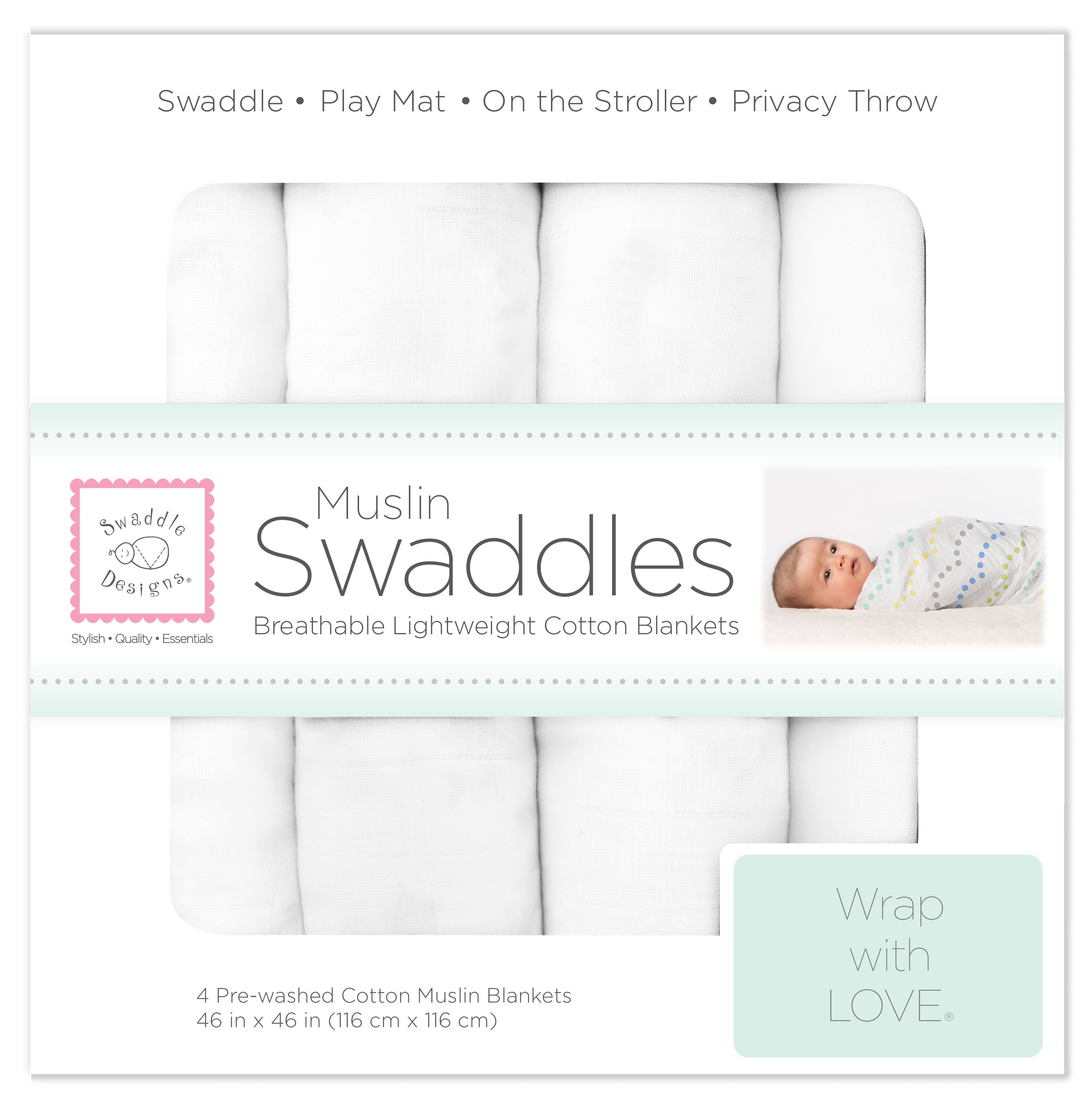 Muslin Swaddle Blankets, Set of 4, Pure White
