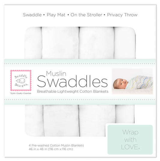 Muslin Swaddle Blankets, Set of 4, Pure White