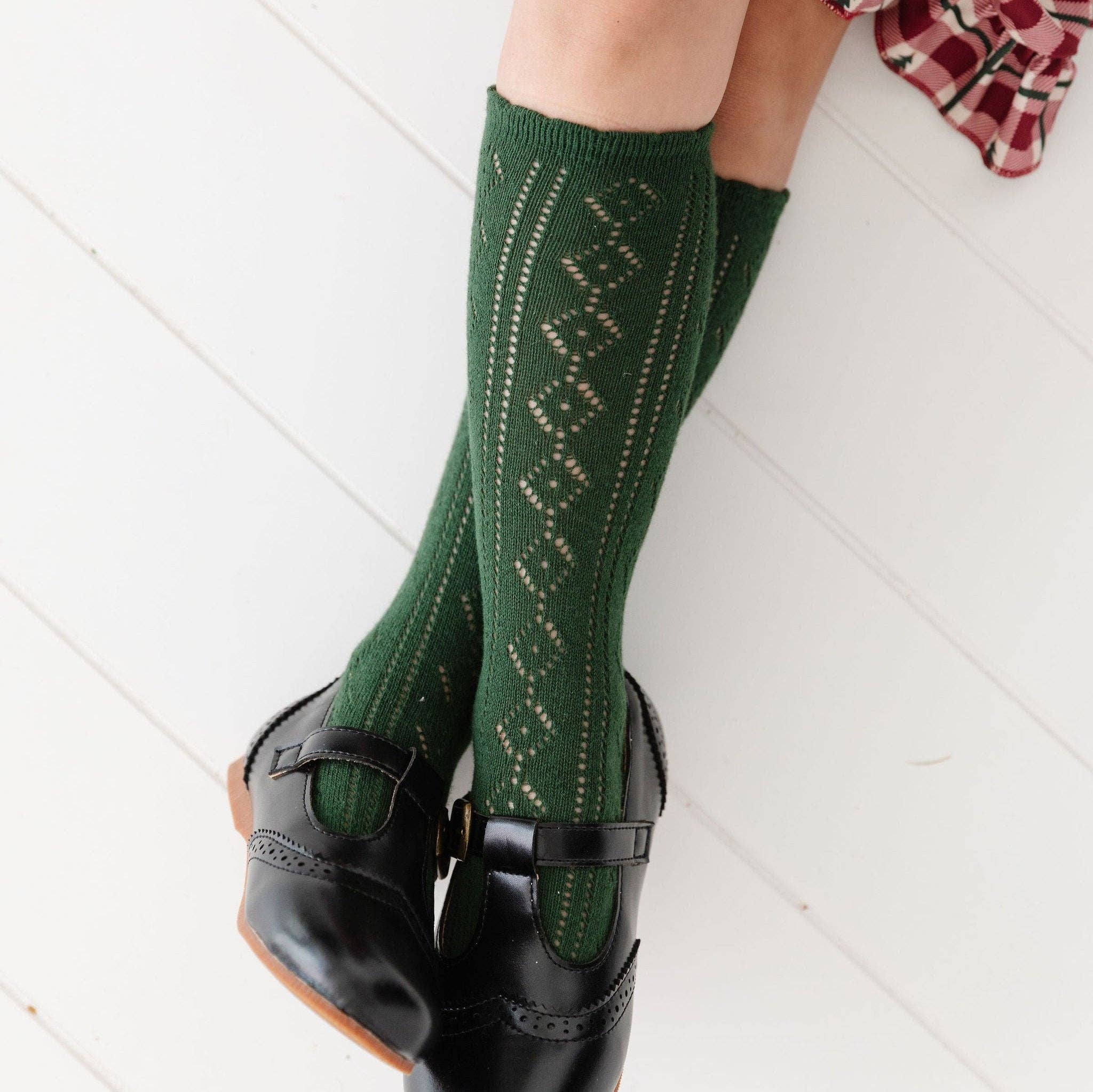 Scalloped Fancy Knee High Socks - Forest