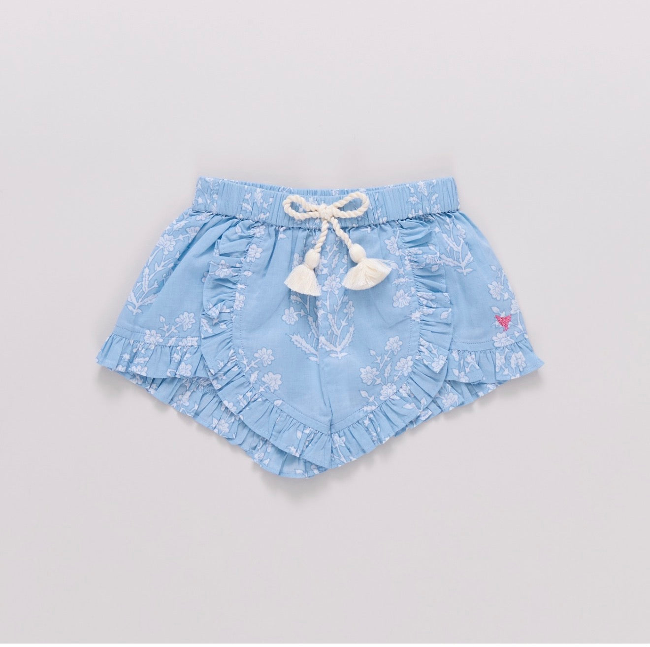 Girls Millie Ruffle Short - Blue Dewdrop Block Print