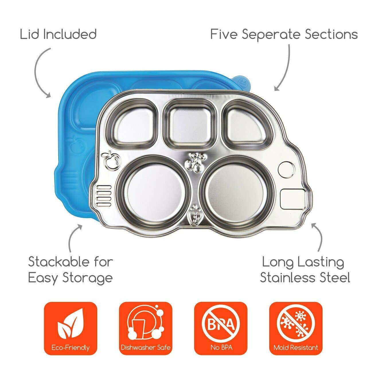 Stainless Steel Divided Plate w/Lid - Blue