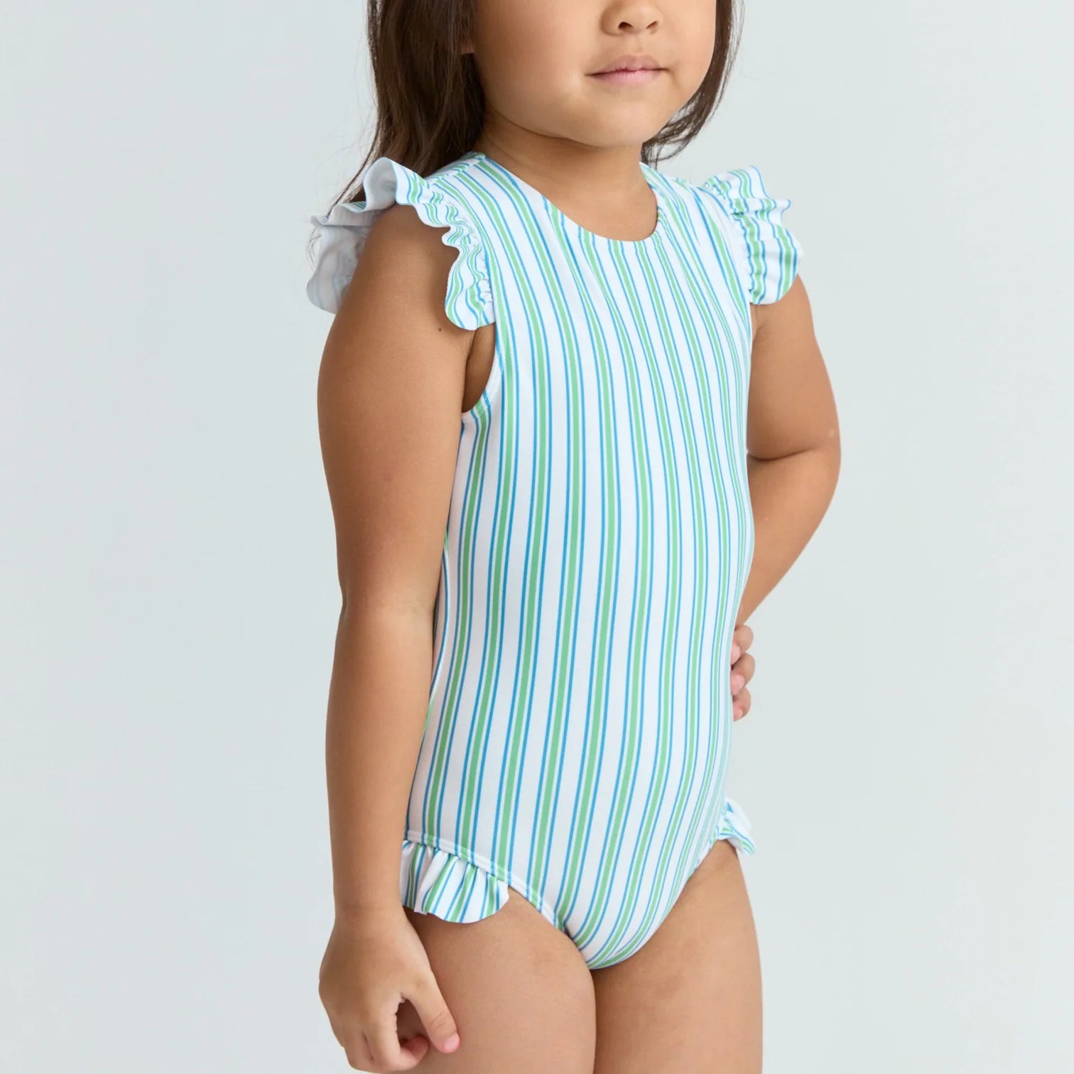 Girls Tamarin Stripe Ruffle Cap Sleeve Rashguard One Piece