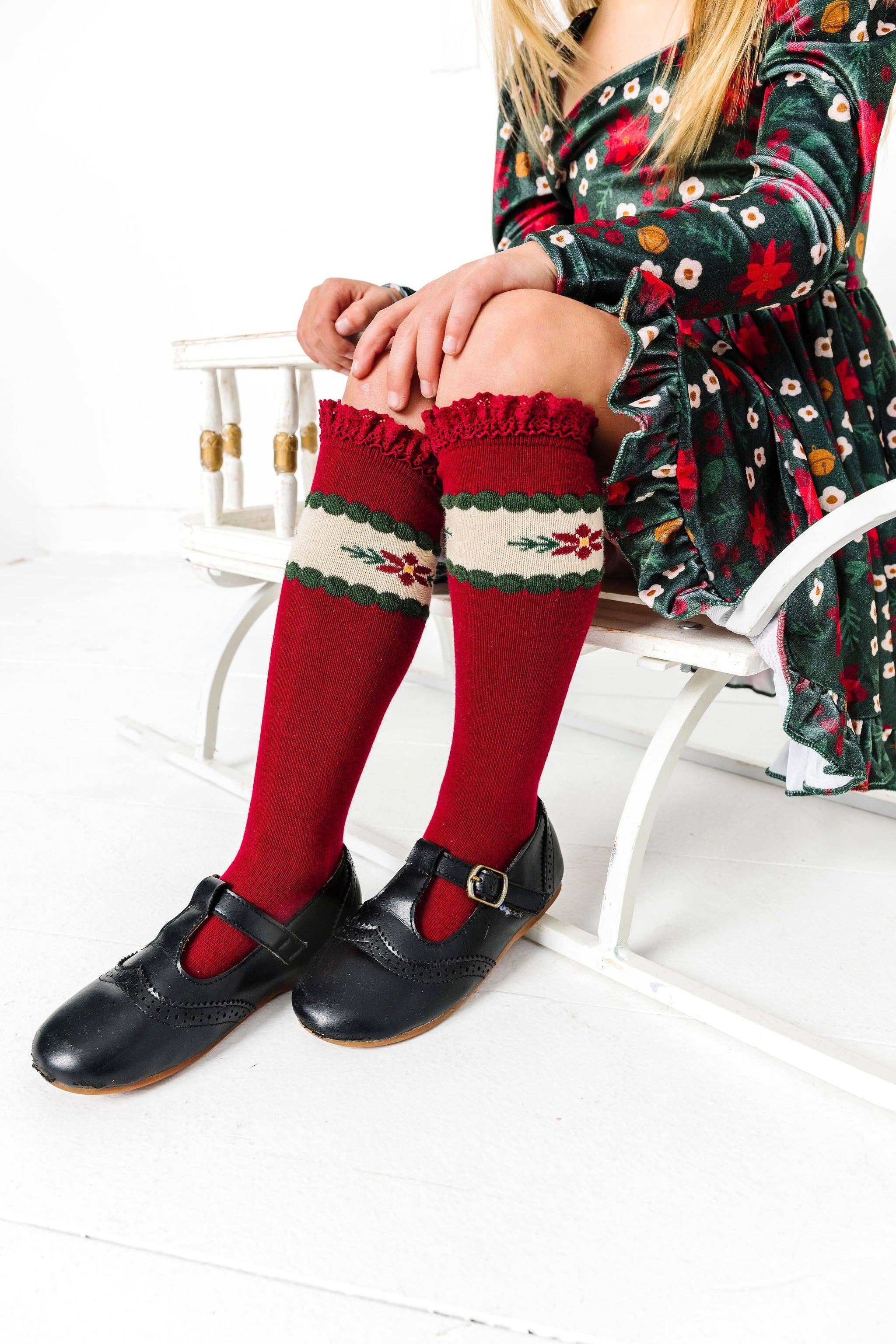 Poinsettia Lace Top Knee High Socks