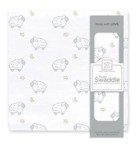 Little Lambs & Stars Muslin Swaddle Blanket, Premium Cotton
