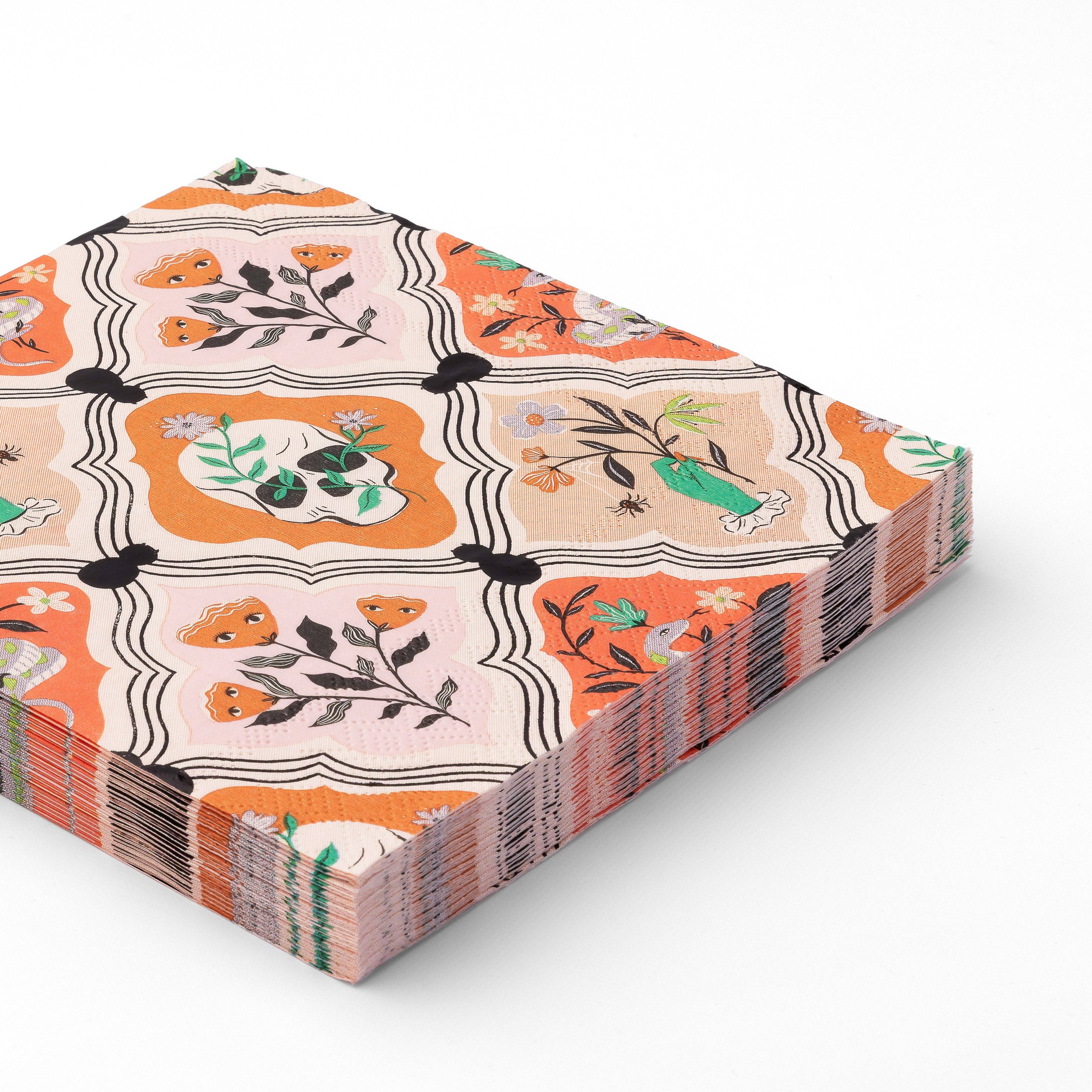 FLORAL HALLOWEEN SKULLS & SPIDERS DINNER NAPKINS