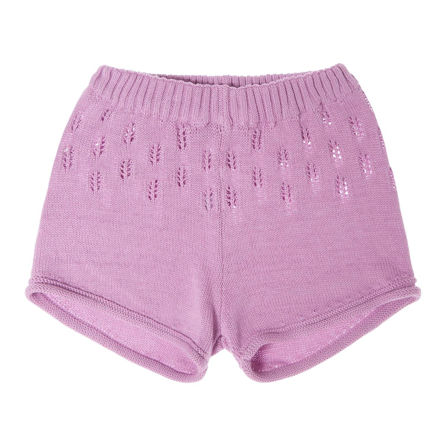 Openwork Knit Shorts with Flowers - Lilac