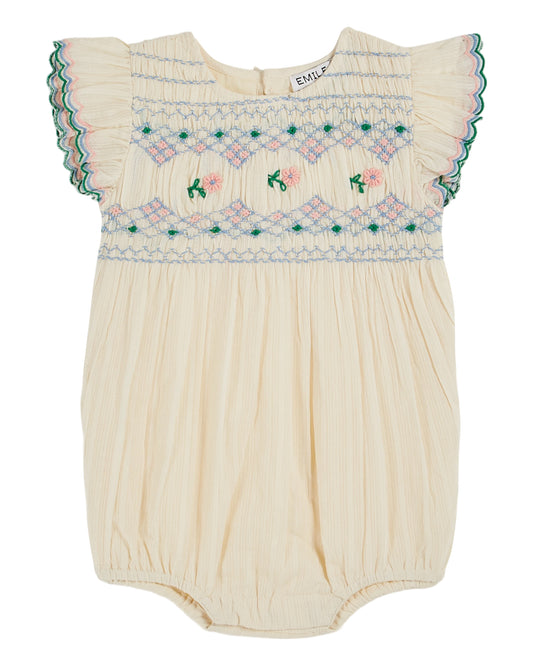 ECRU HAND-SMOCKED EMBROIDERED ROMPER