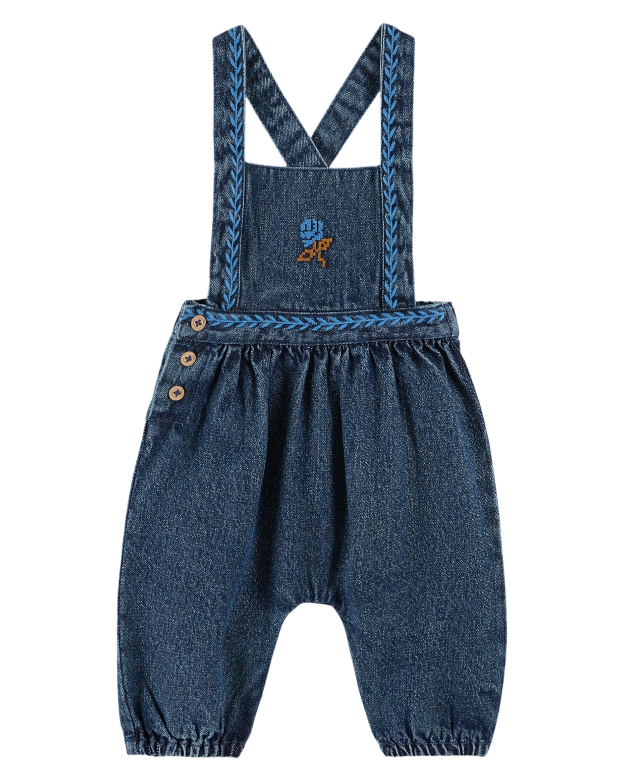 Blue denim embroidered overalls