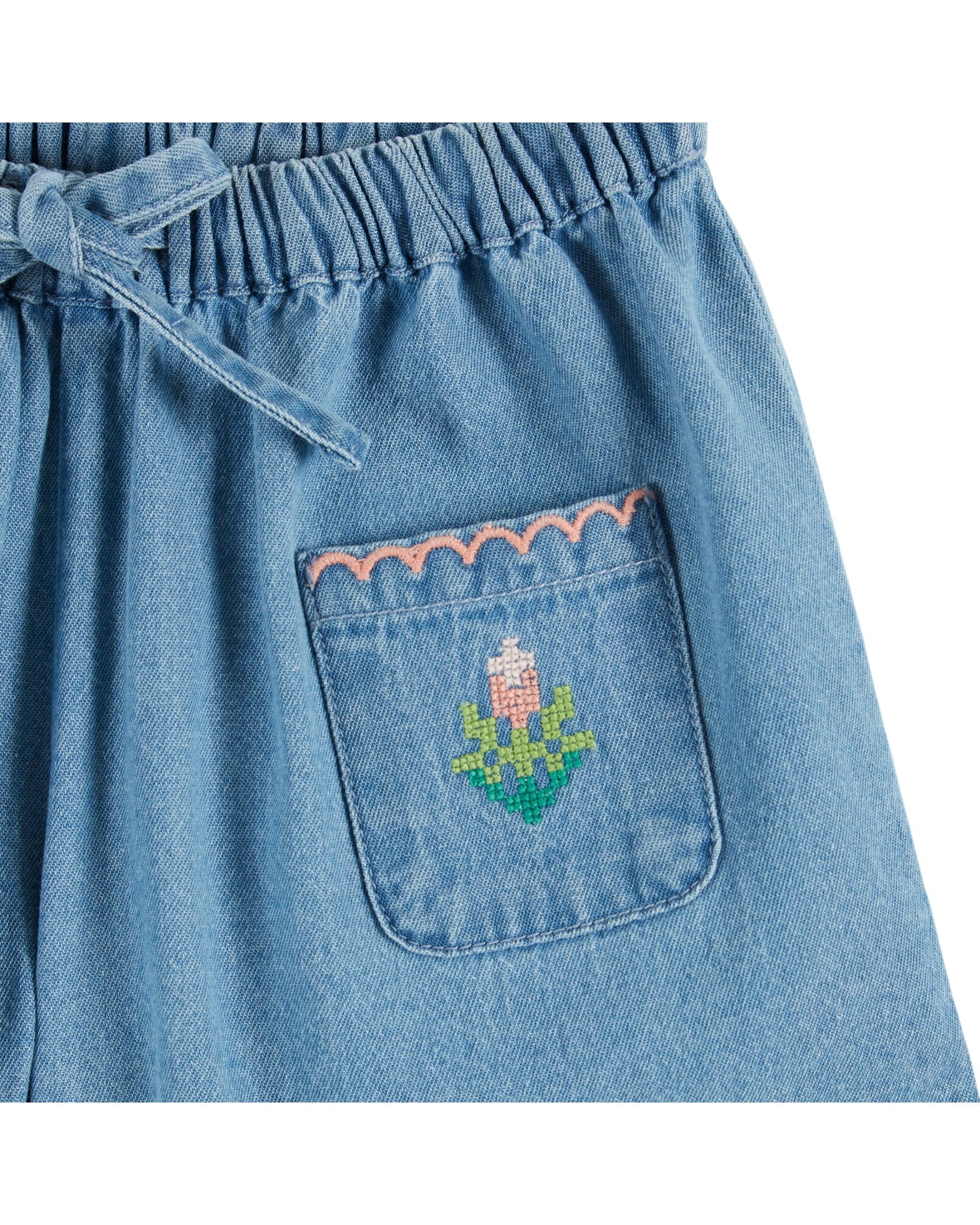 Denim Light Rose Embroidered Shorts - Denim Light