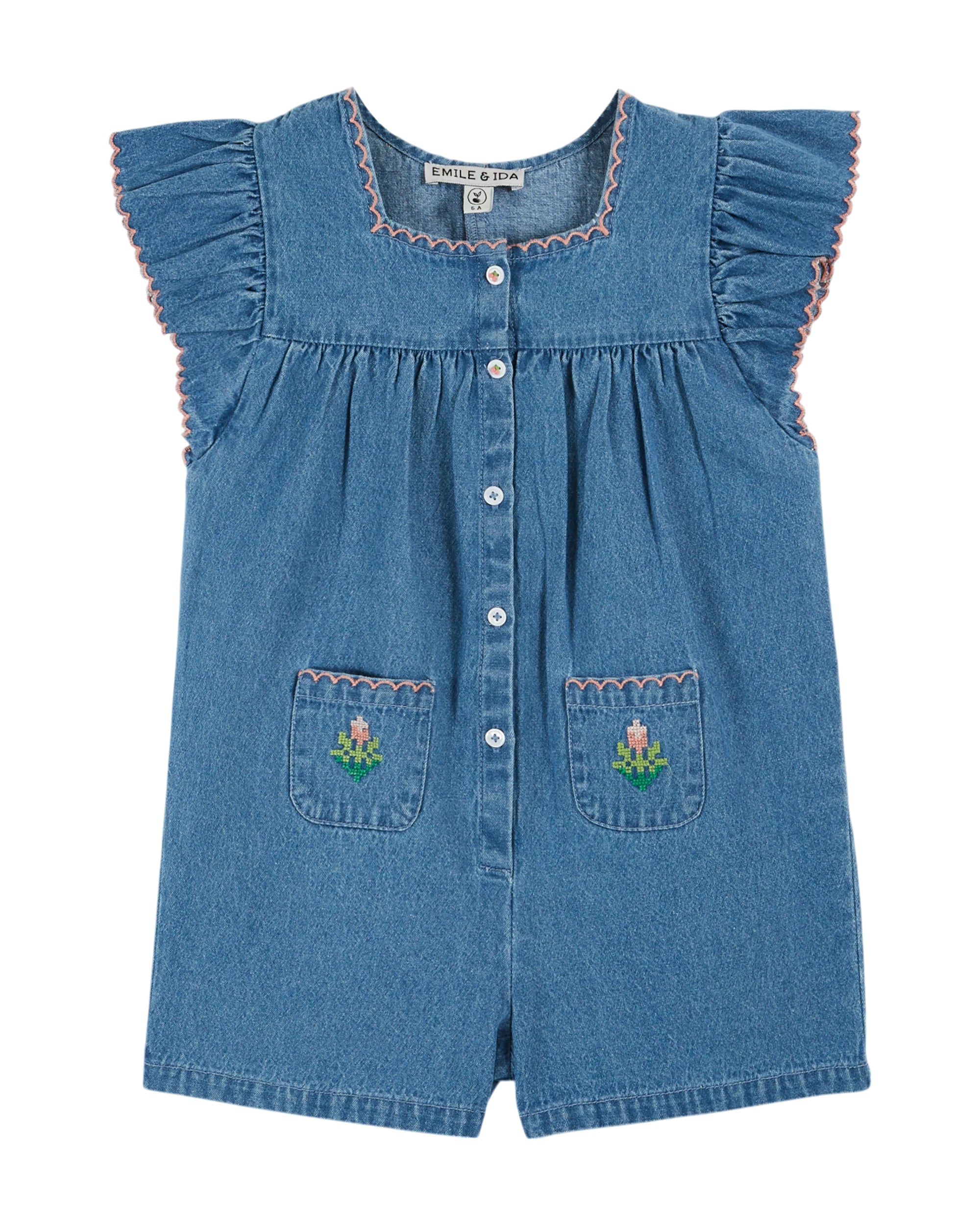 Denim Light Embroidered Pockets Short Jumpsuit