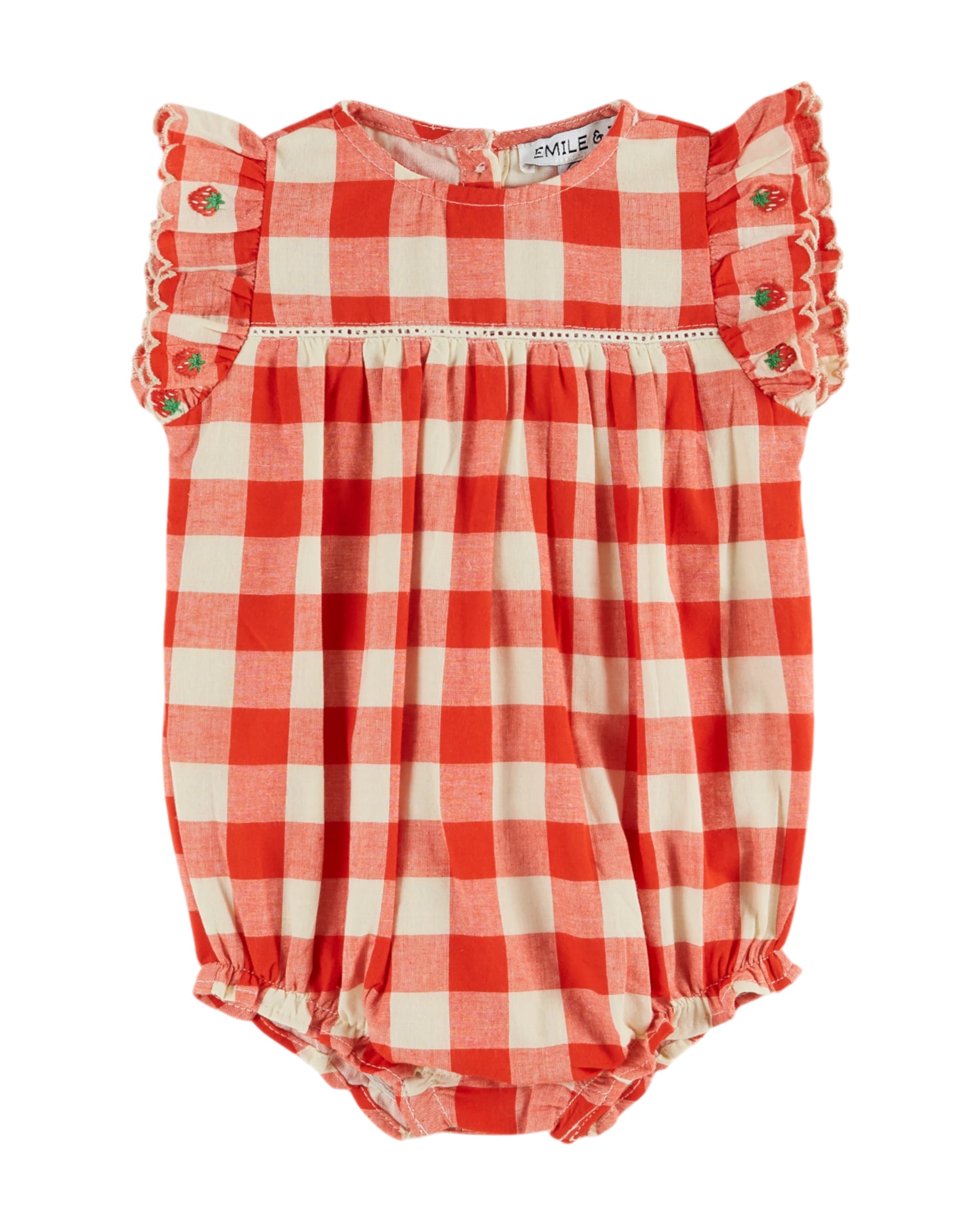 Strawberry Embroidered Romper- Vichy Rouge