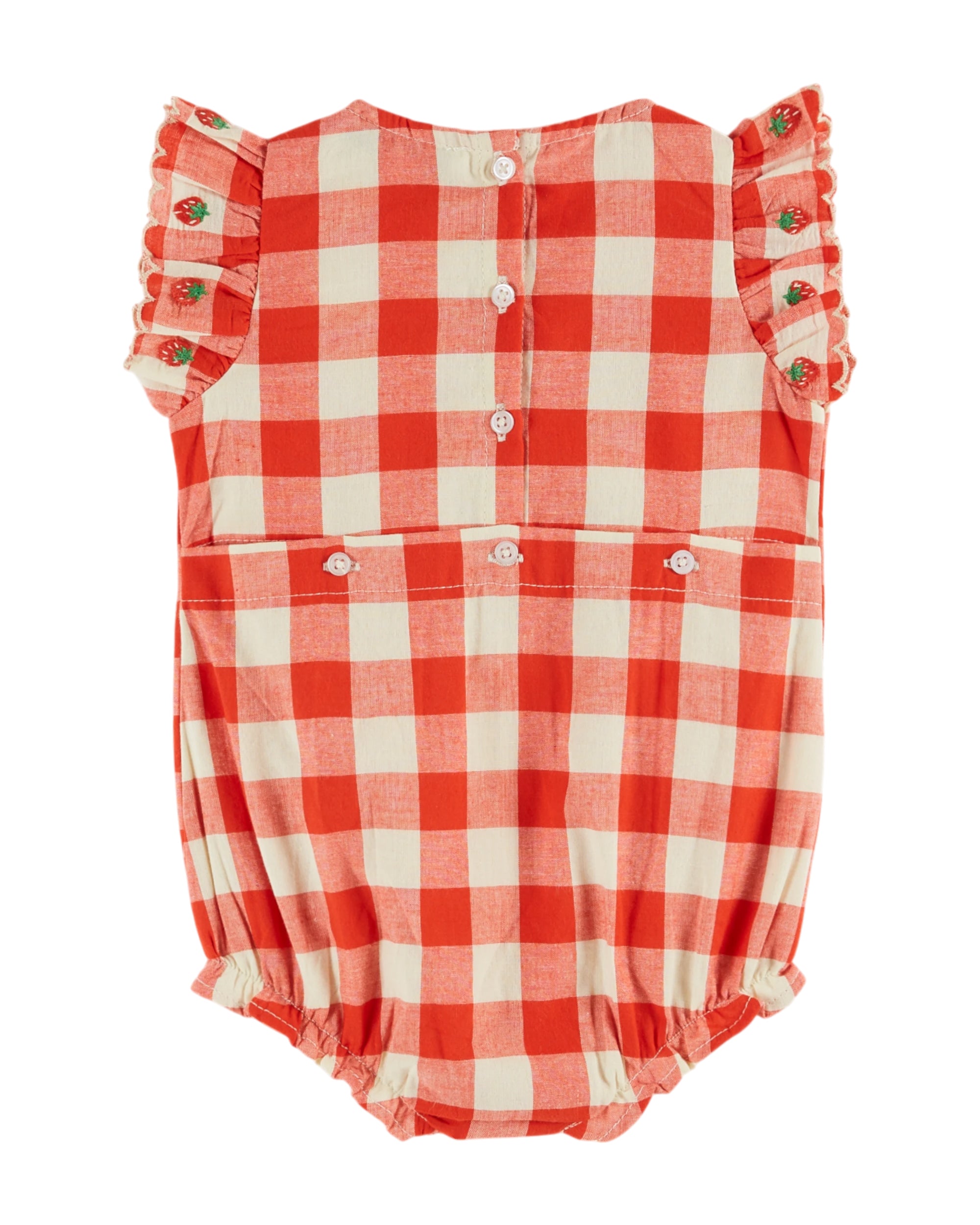 Strawberry Embroidered Romper- Vichy Rouge