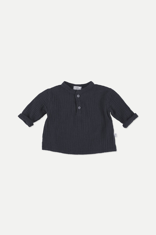 Soft Gauze Baby Mao Collar Shirt Navy