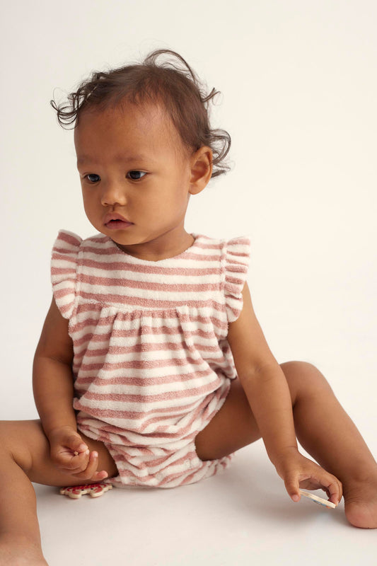 Organic Striped Toweling Baby Romper - Rose