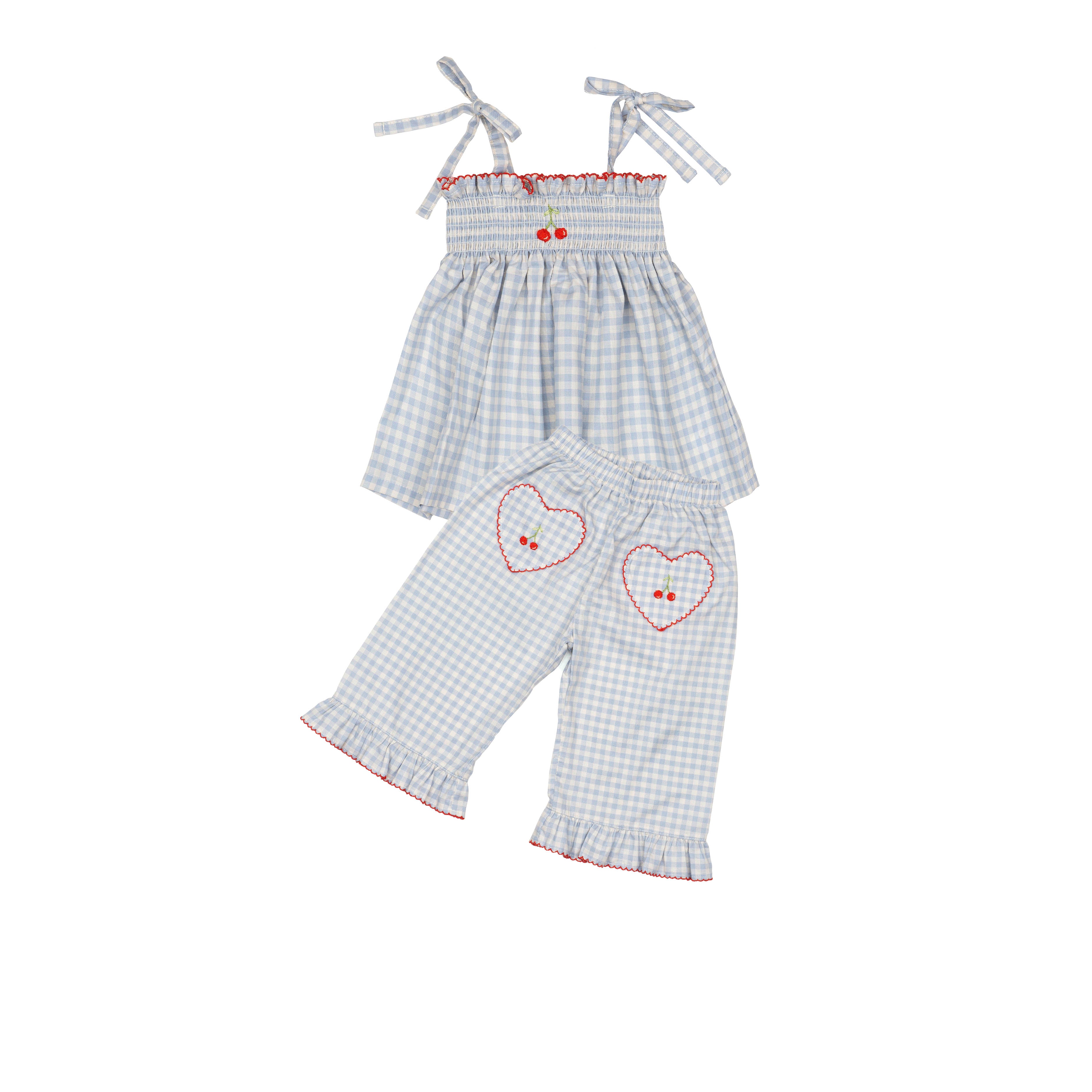 Ruffle Pant Set - Blue Gingham/Cherry