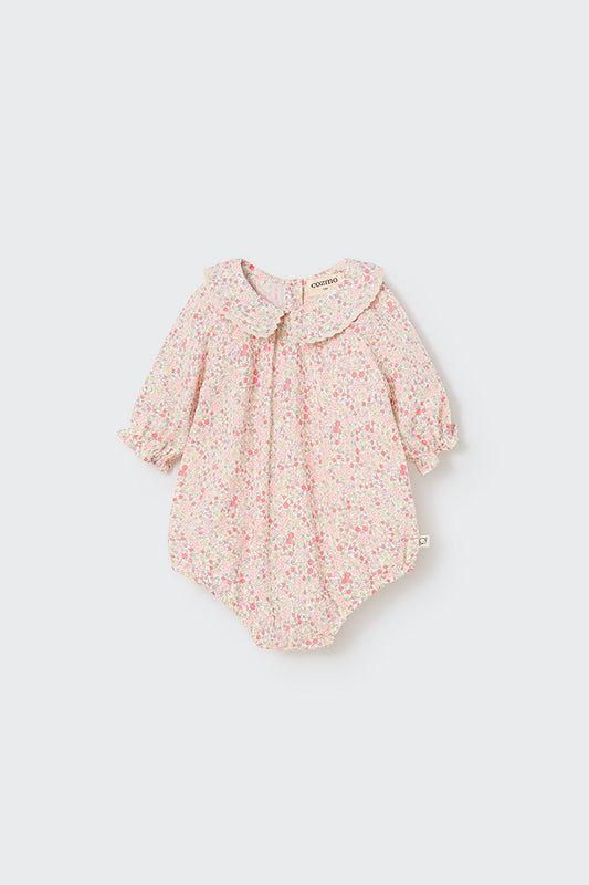 Organic Floral Baby Romper - Neon Coral
