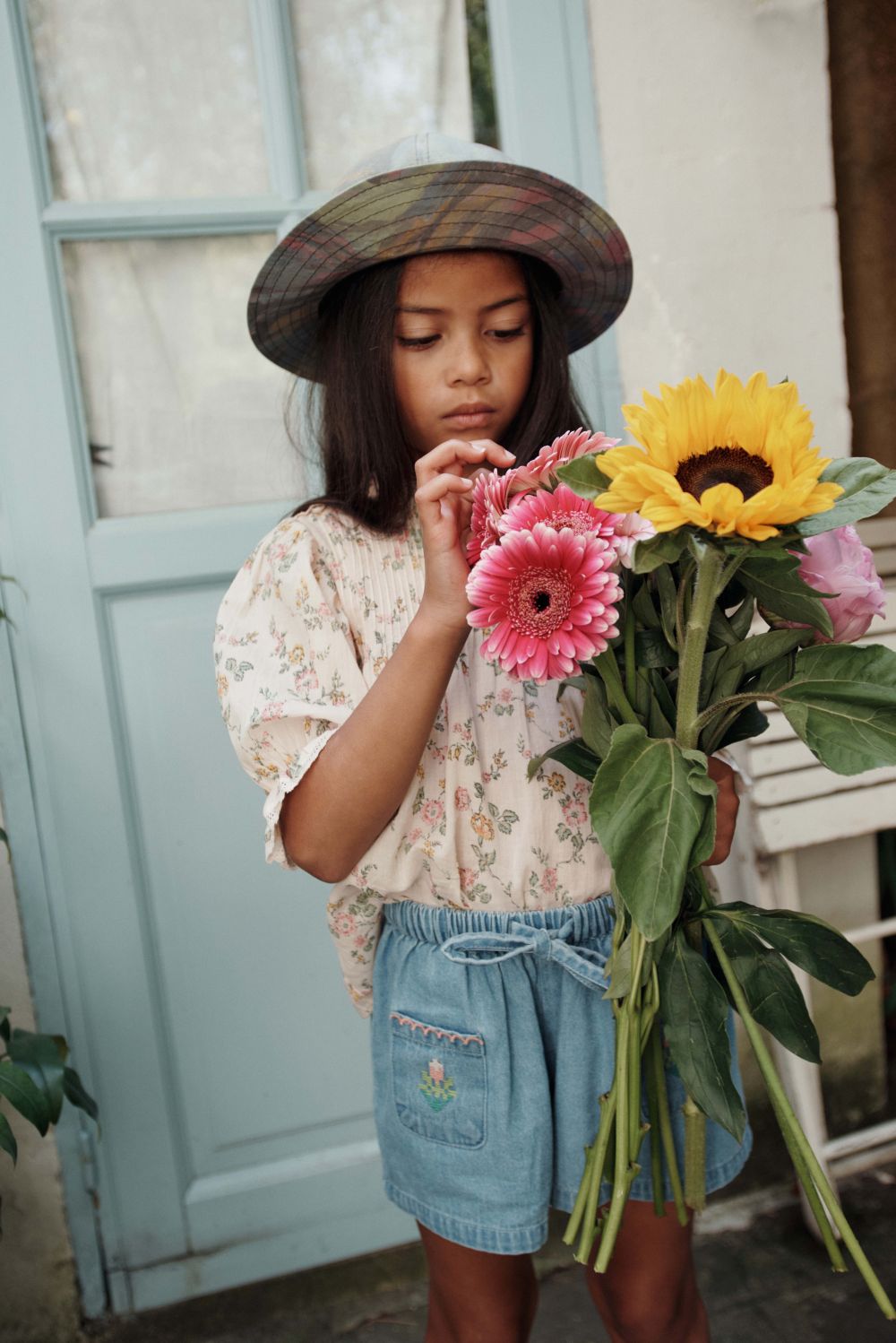Denim Light Rose Embroidered Shorts - Denim Light