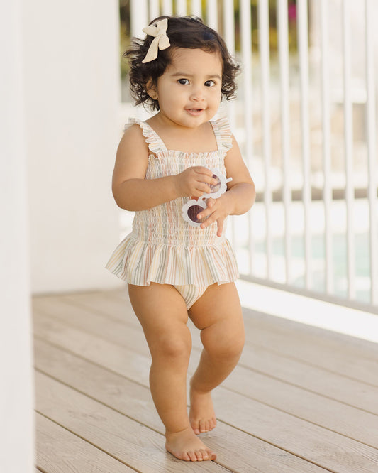 Smocked One-Piece Swimsuit || Multi Stripe