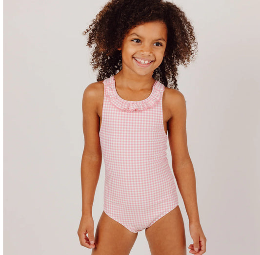 Girls Guava Gingham Halter One Piece With Back Bow